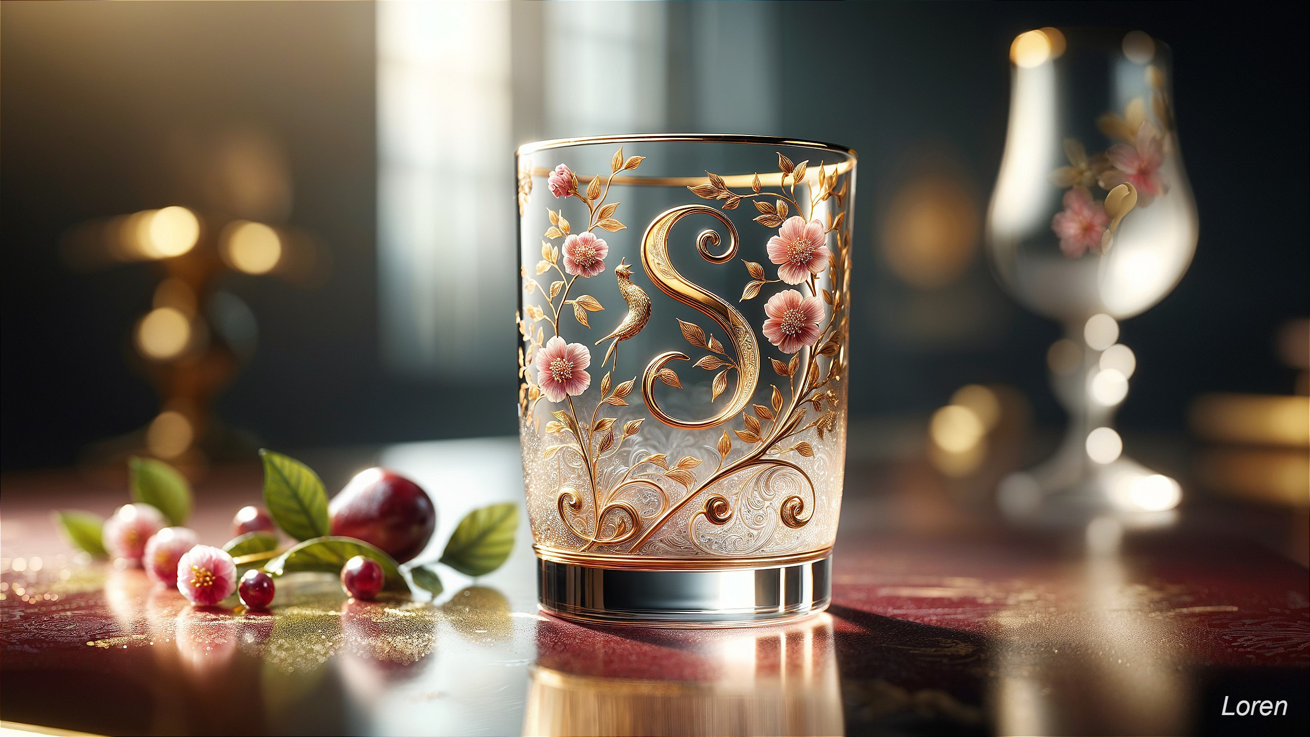 Elegant Glass with Floral Patterns and Letter "S