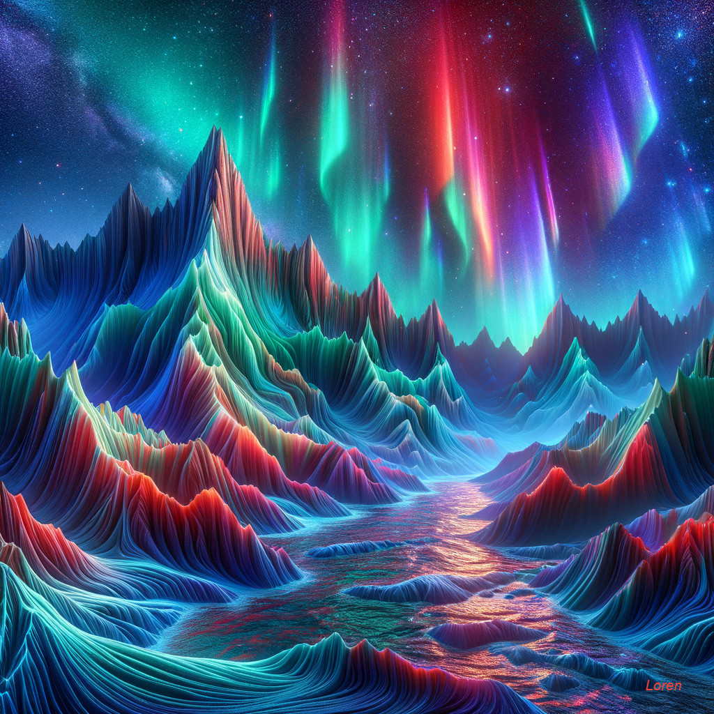 Surreal Landscape of Colorful Mountains and Auroras