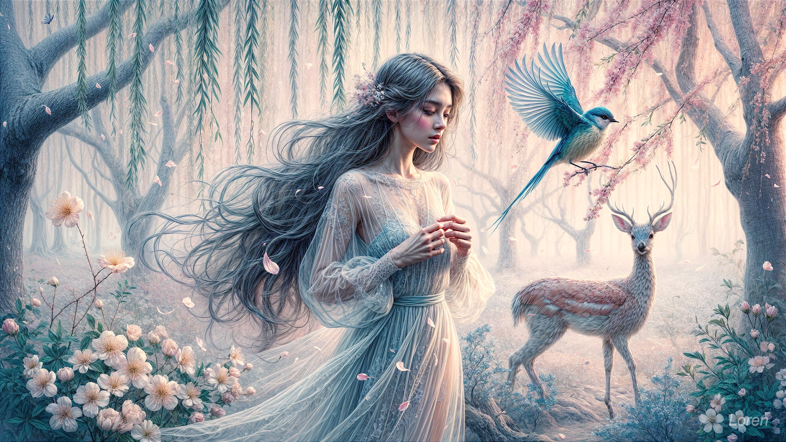 Ethereal Forest Scene with Cherry Blossoms and Wildlife