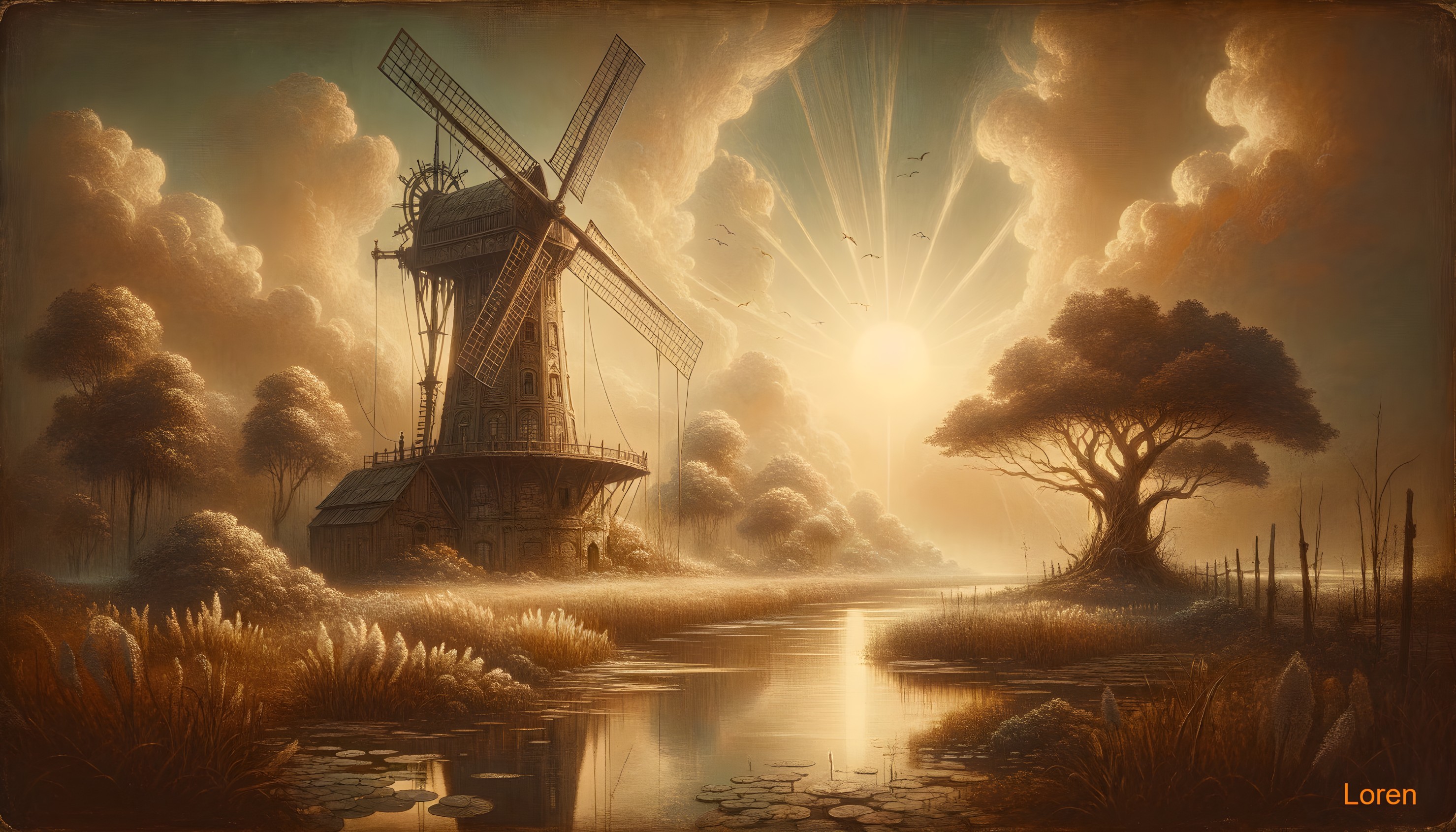 Serene landscape with windmill and tranquil river