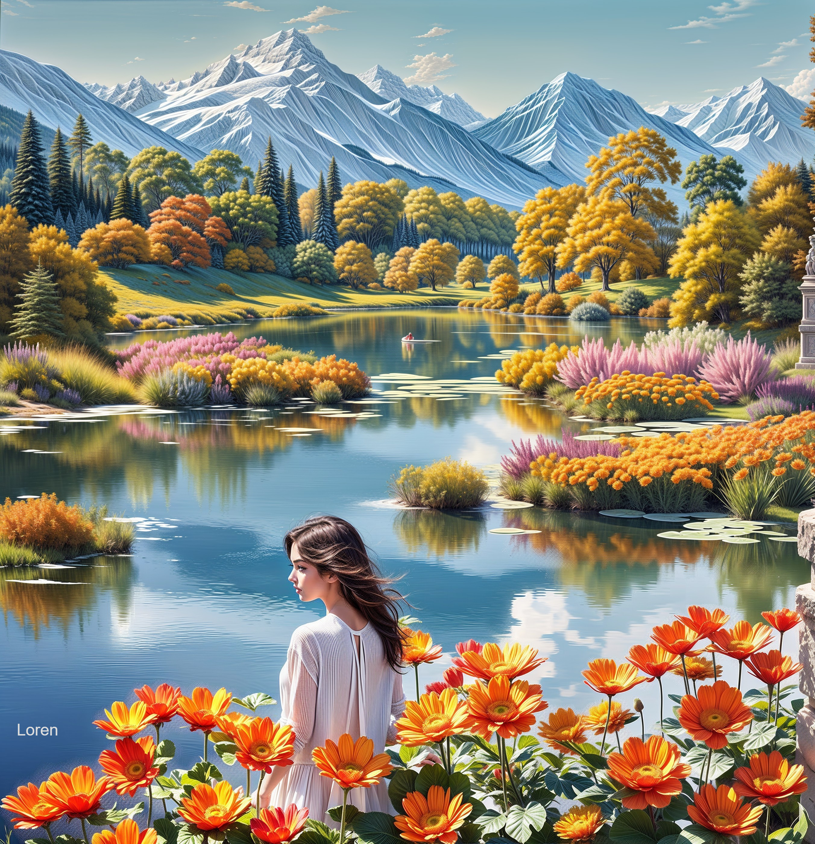 Tranquil River and Vibrant Flowers in Scenic Landscape