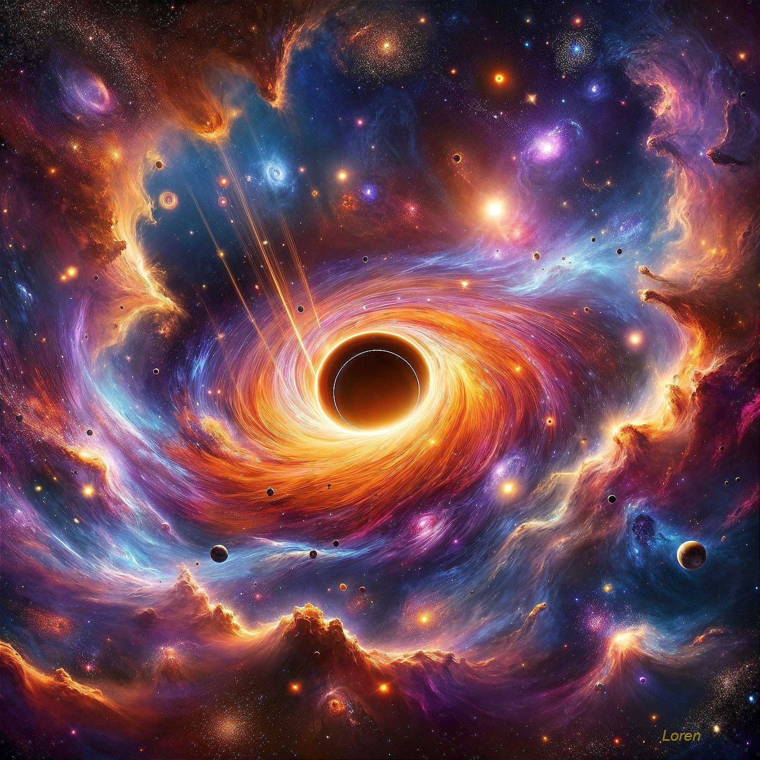 Swirling Galaxy with Black Hole and Colorful Gases