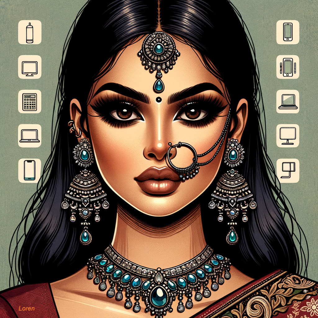 Portrait of a Woman with Jewelry and Technology Icons
