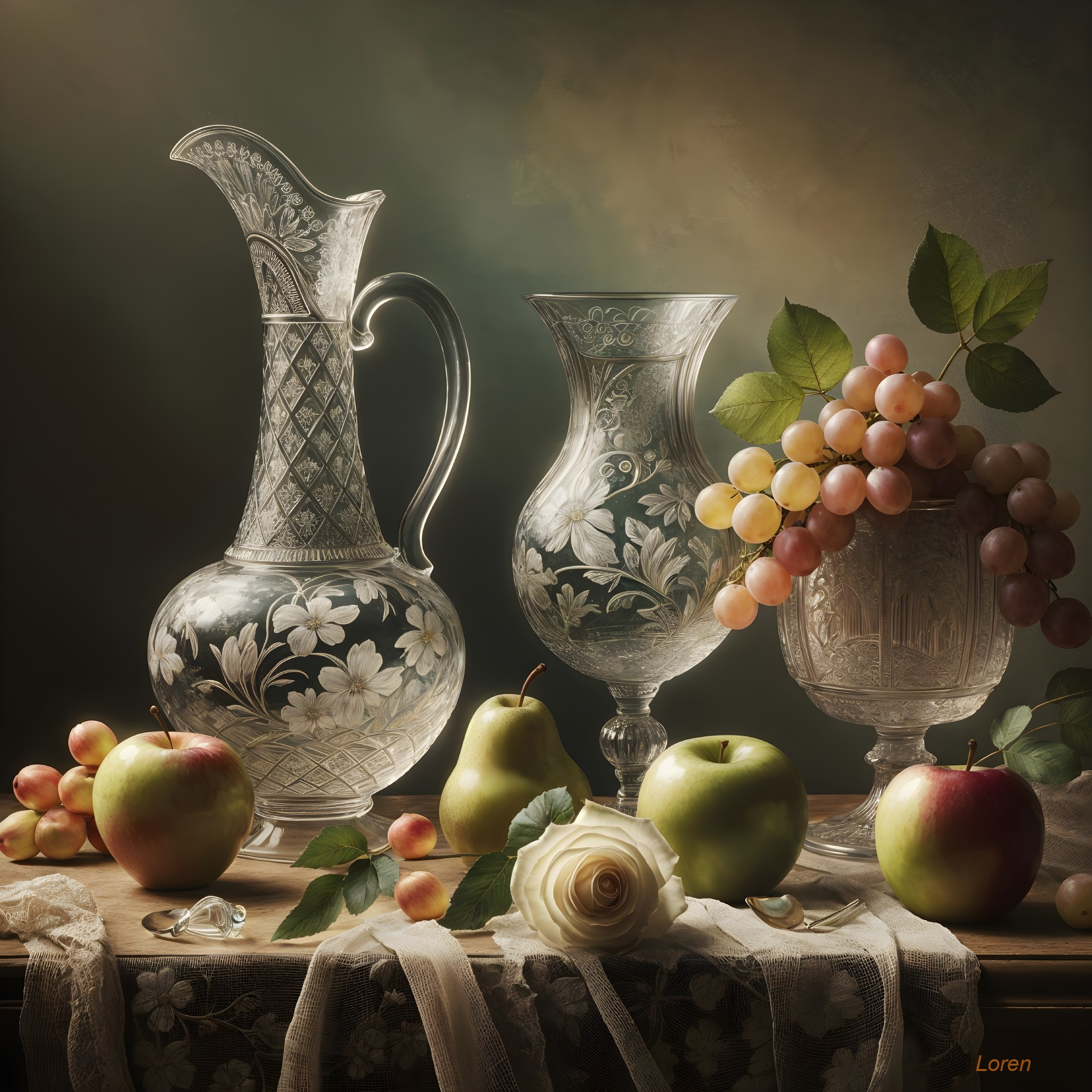 Intricate Glassware and Fruit Still Life Composition