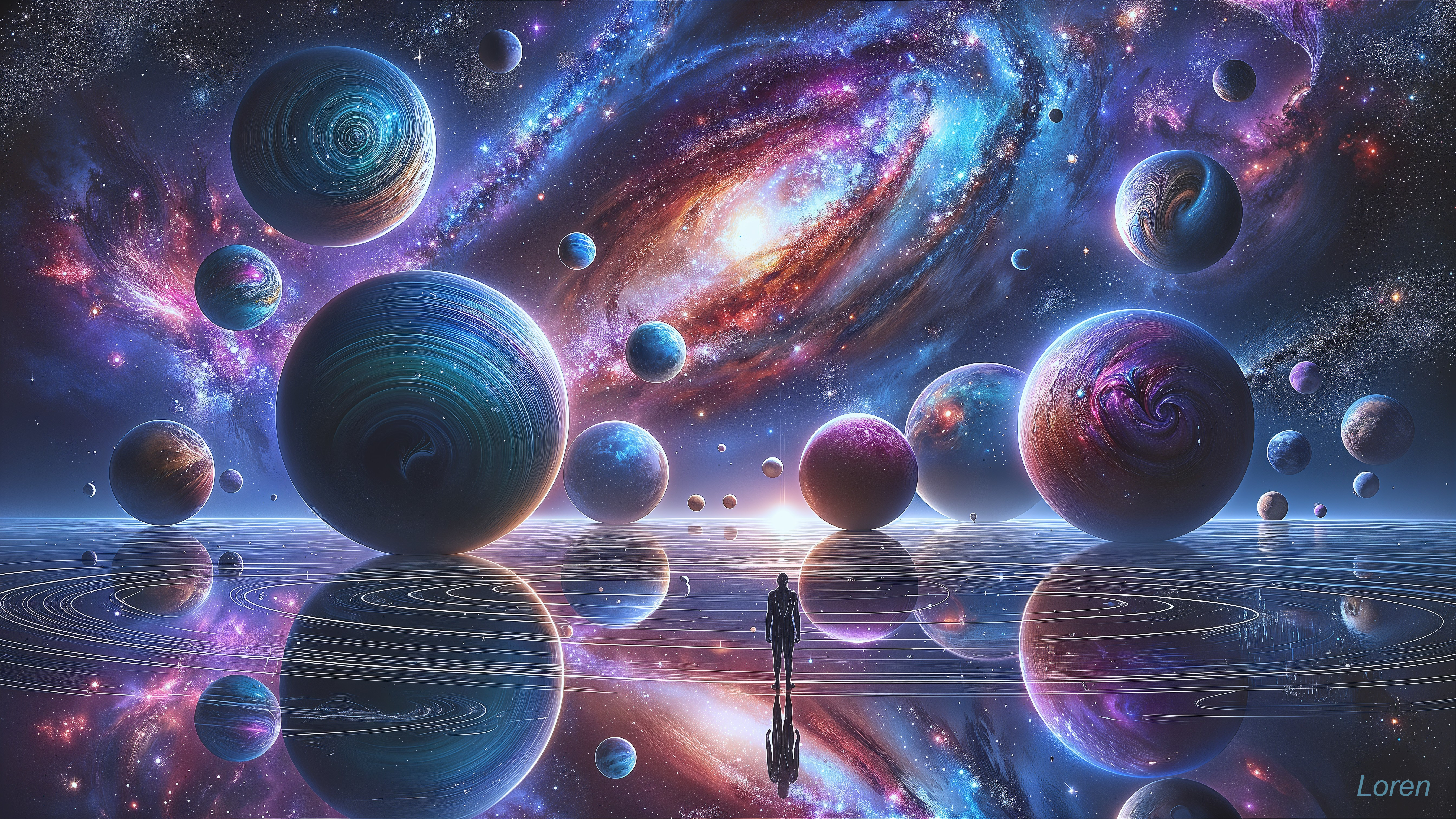 Solitary Figure in Cosmic Landscape with Vibrant Planets