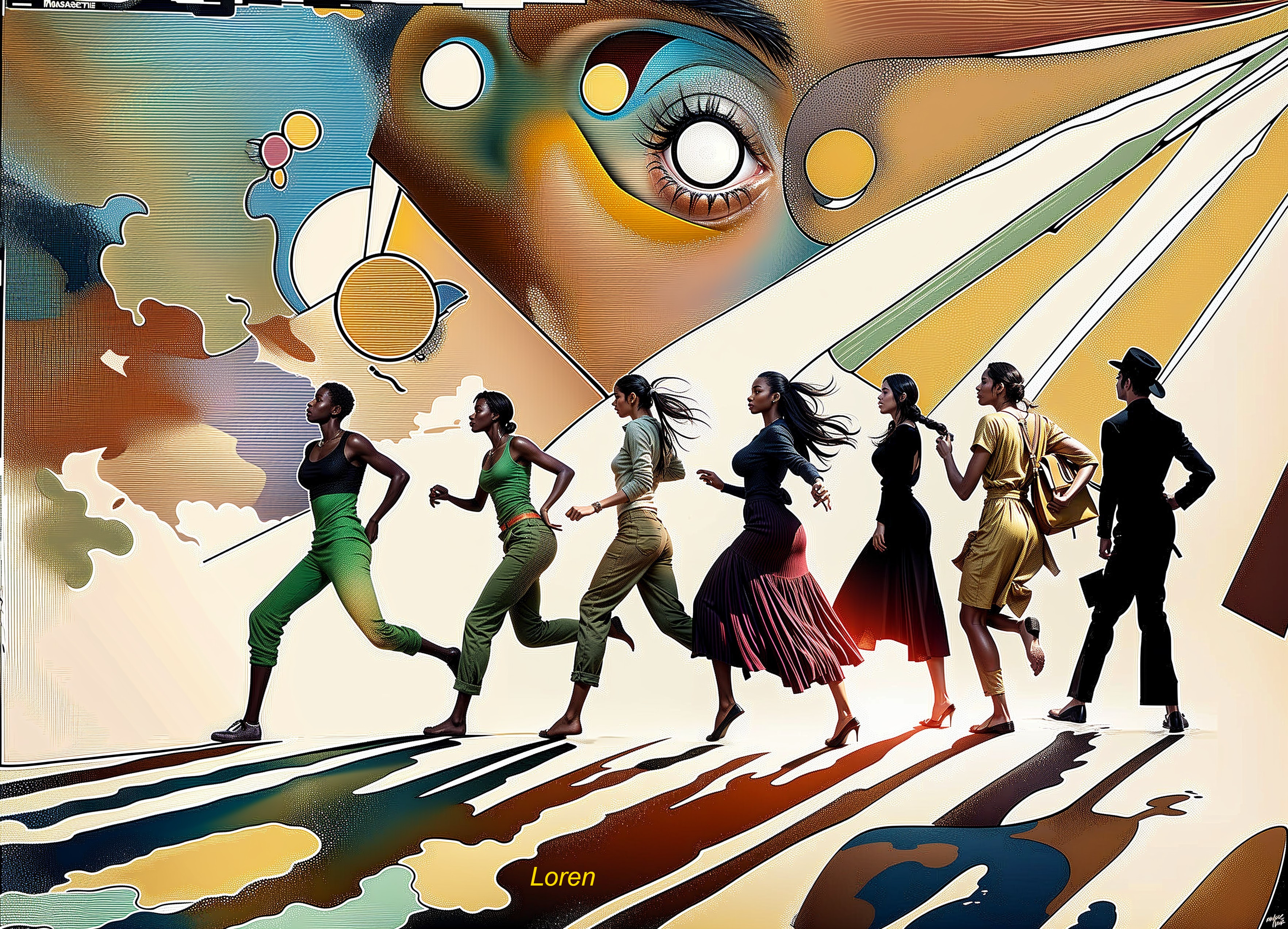 Dynamic Composition of Women in Abstract Landscape
