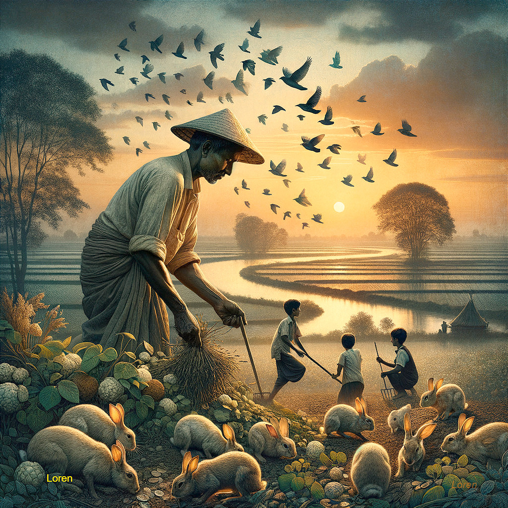 Rural Dusk Scene with Farmer, Children, and Nature