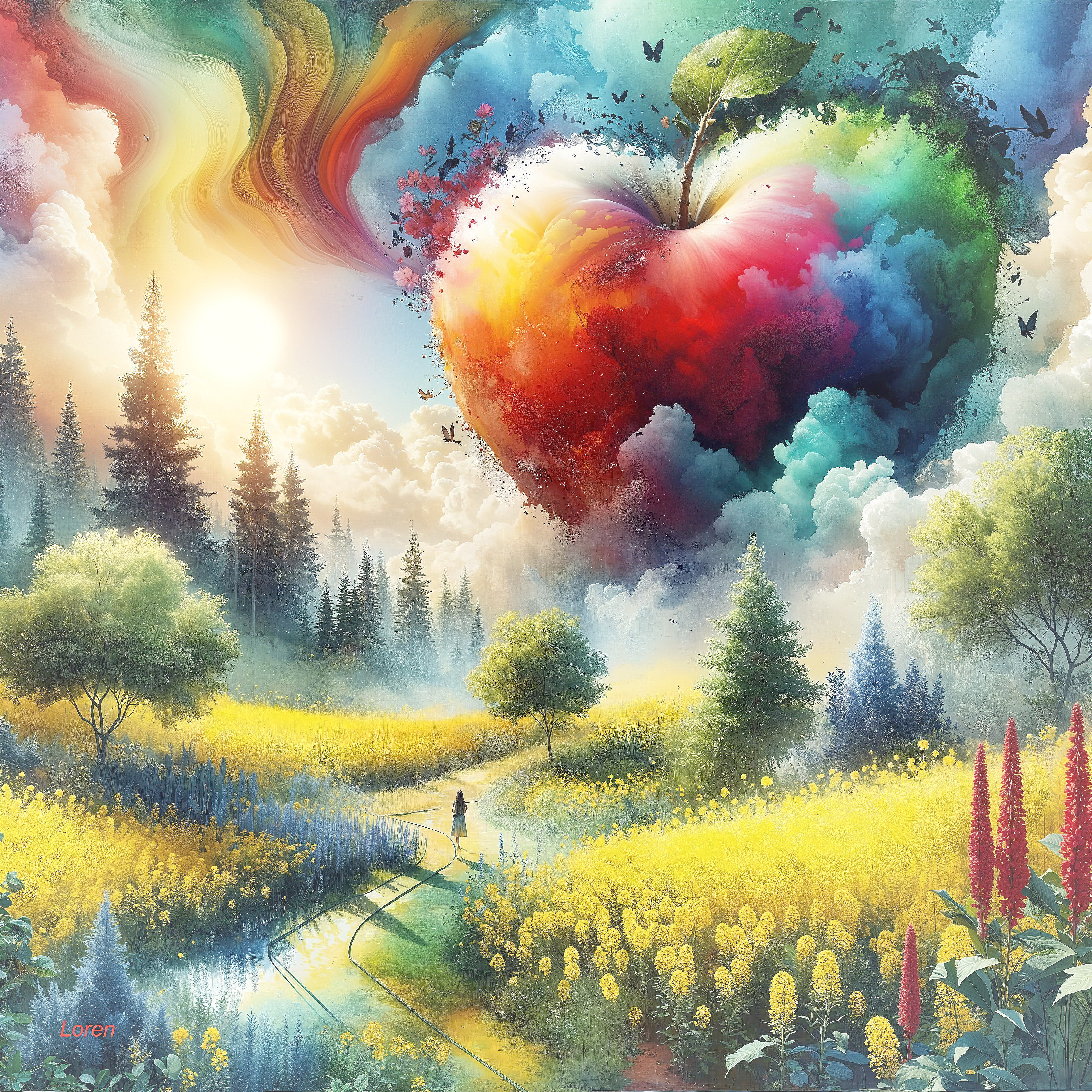 Surreal Landscape with Colorful Heart-Shaped Cloud