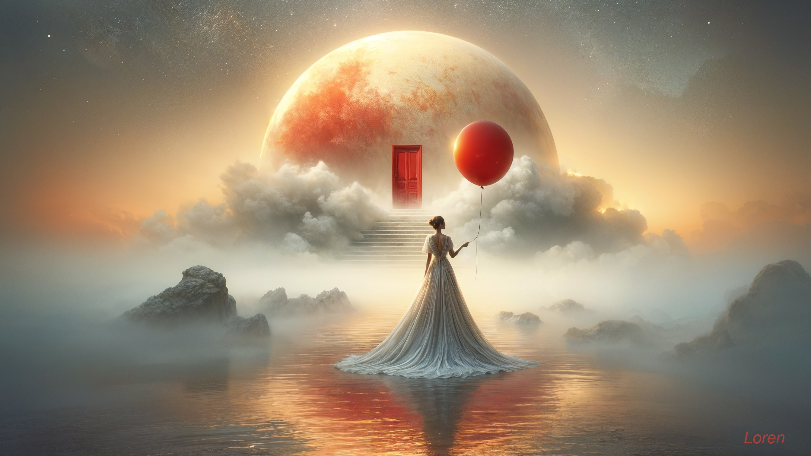 Serene figure in white dress with red balloon in mist