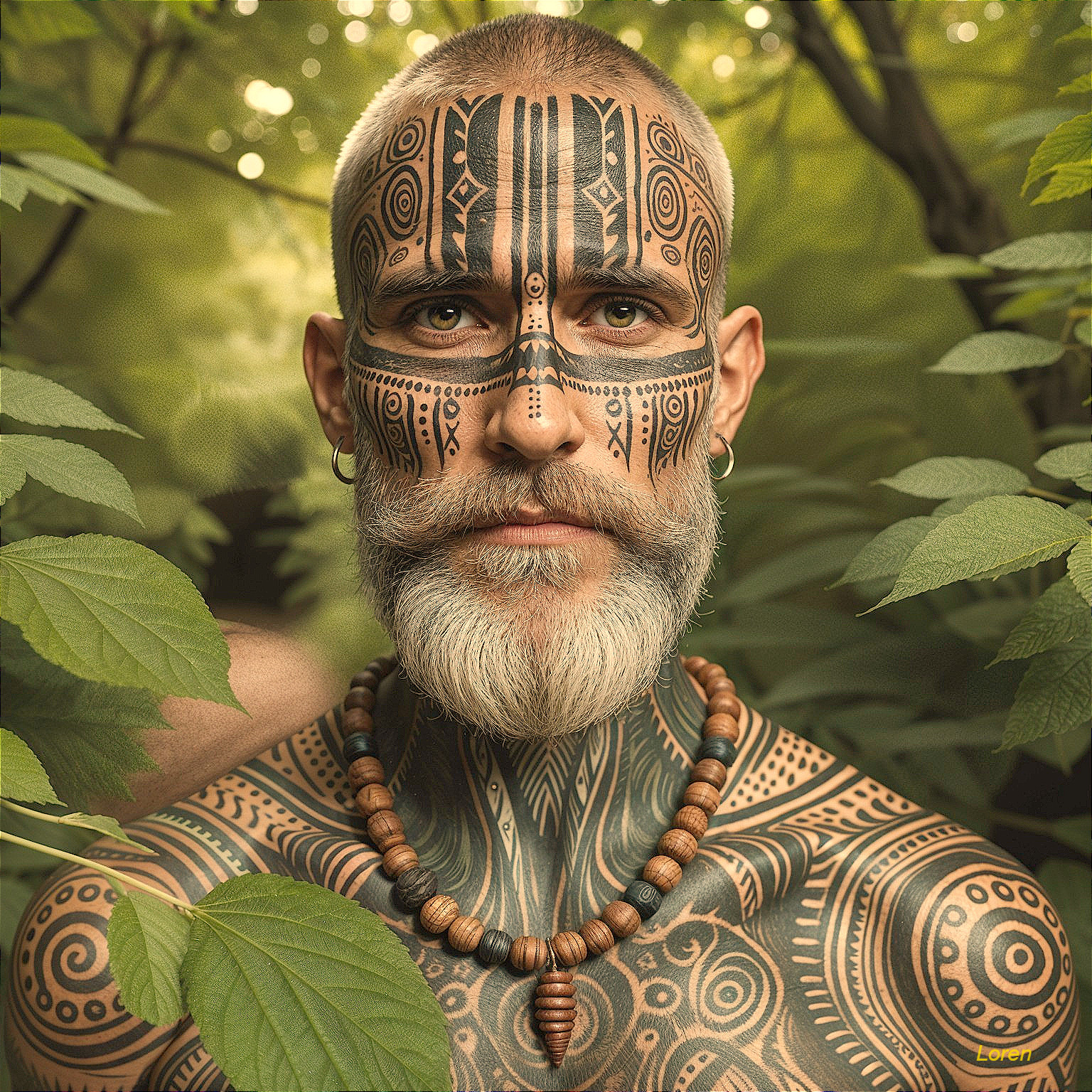 Portrait of a Man with Tribal Tattoos and Silver Beard