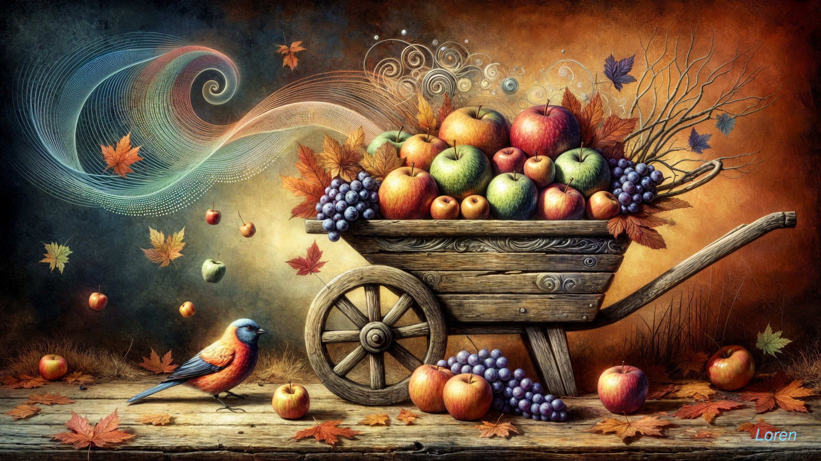 Wooden Wheelbarrow with Apples and Grapes in Autumn