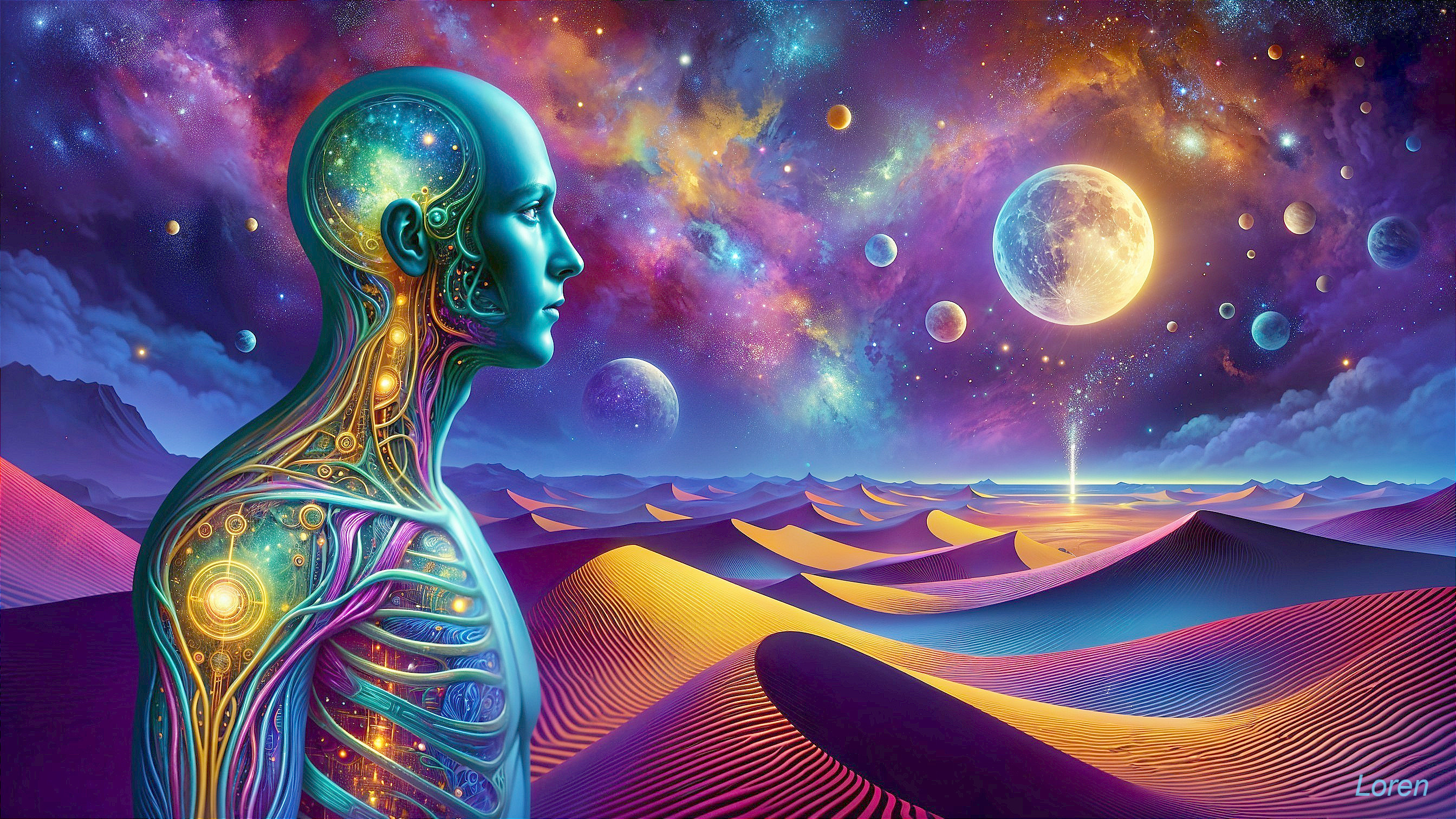 Surreal Humanoid with Translucent Body in Cosmic Desert