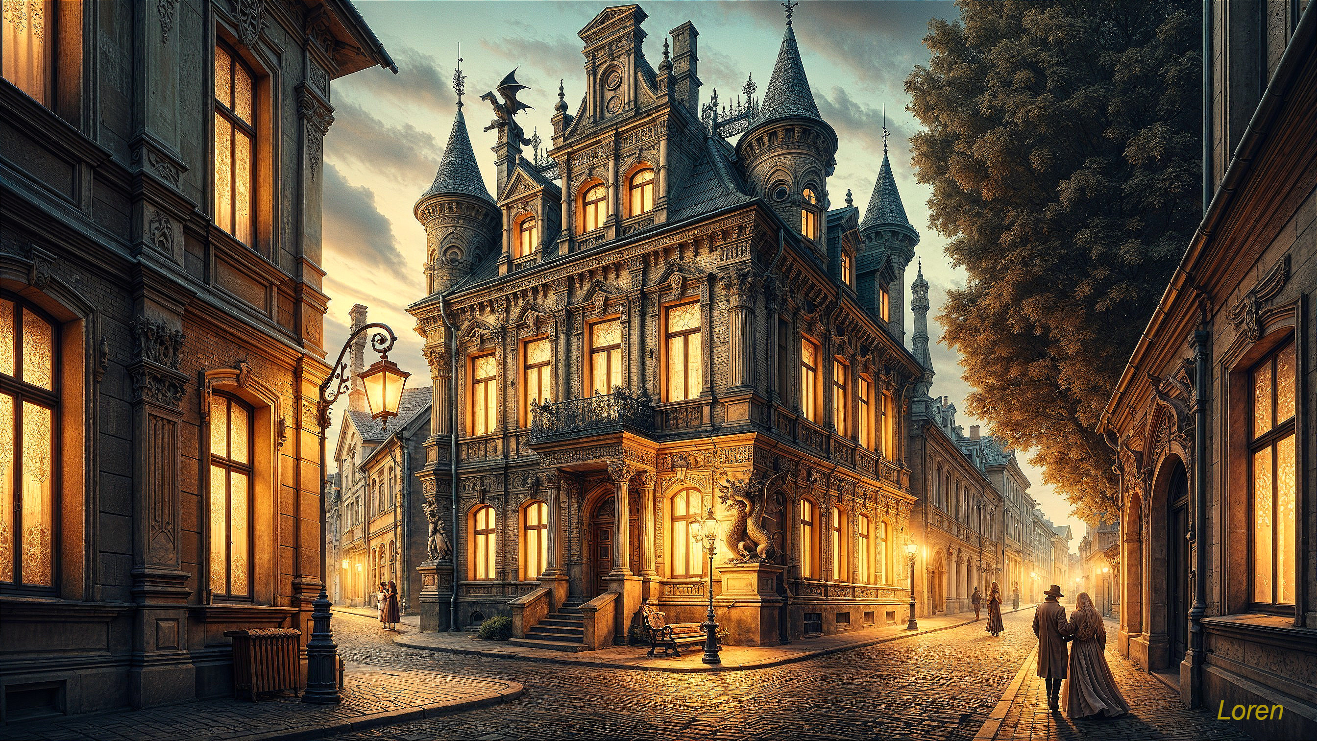 Ornate Castle-like Building in Detailed Street Scene
