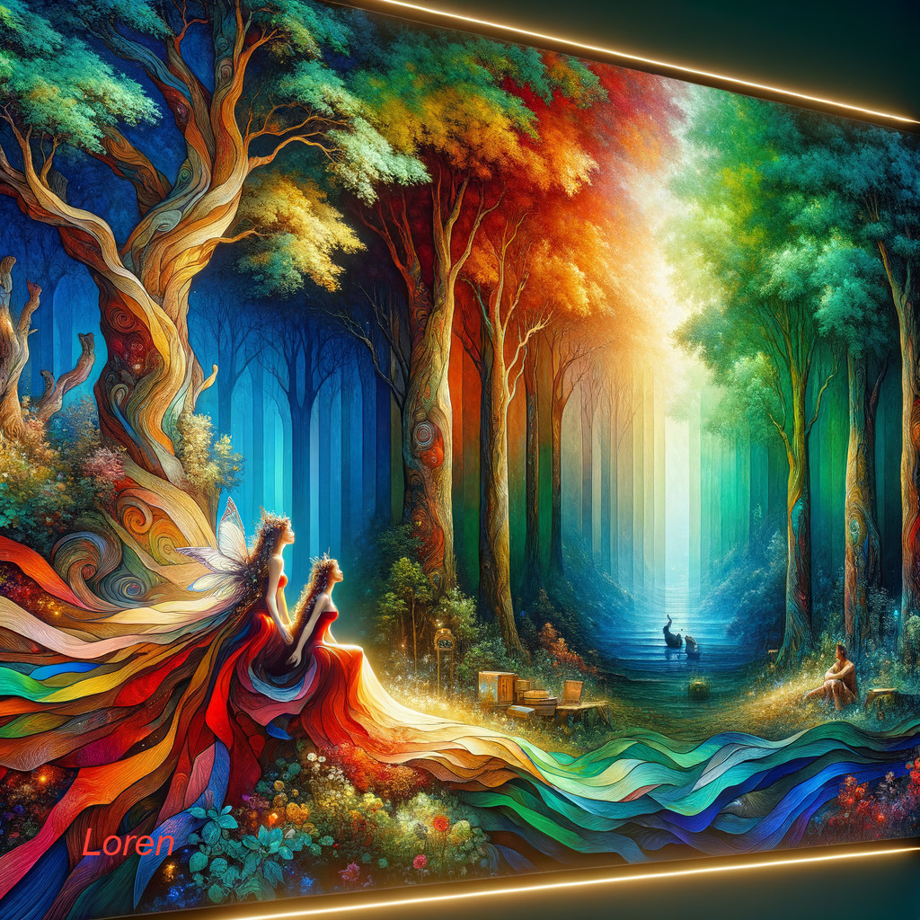 Colorful Figures in a Vibrant Fantastical Forest