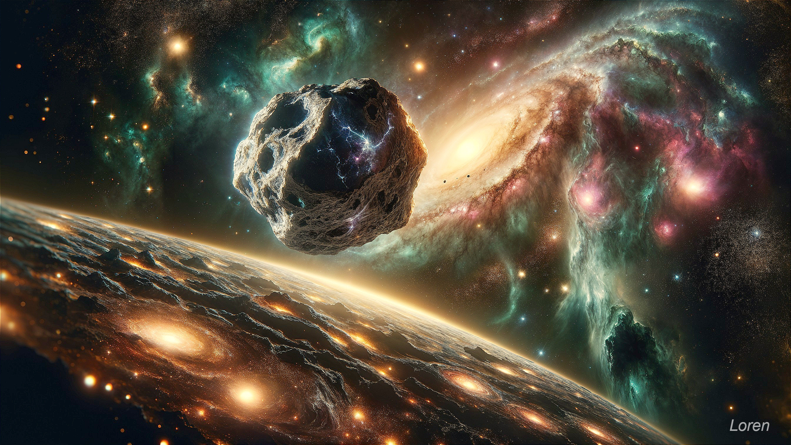 Cosmic Scene of an Asteroid in Vibrant Space Colors