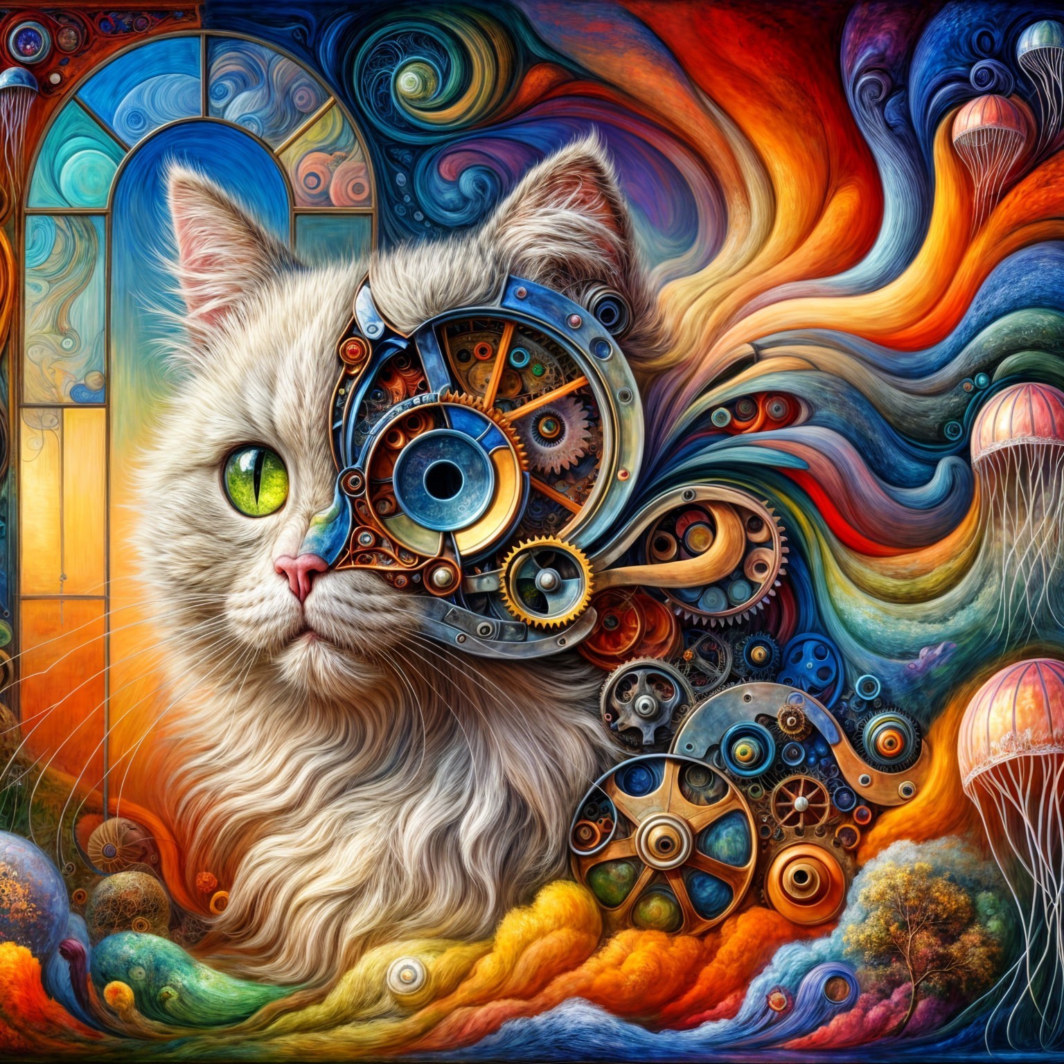 Whimsical Cat with Green Eye in Colorful Background