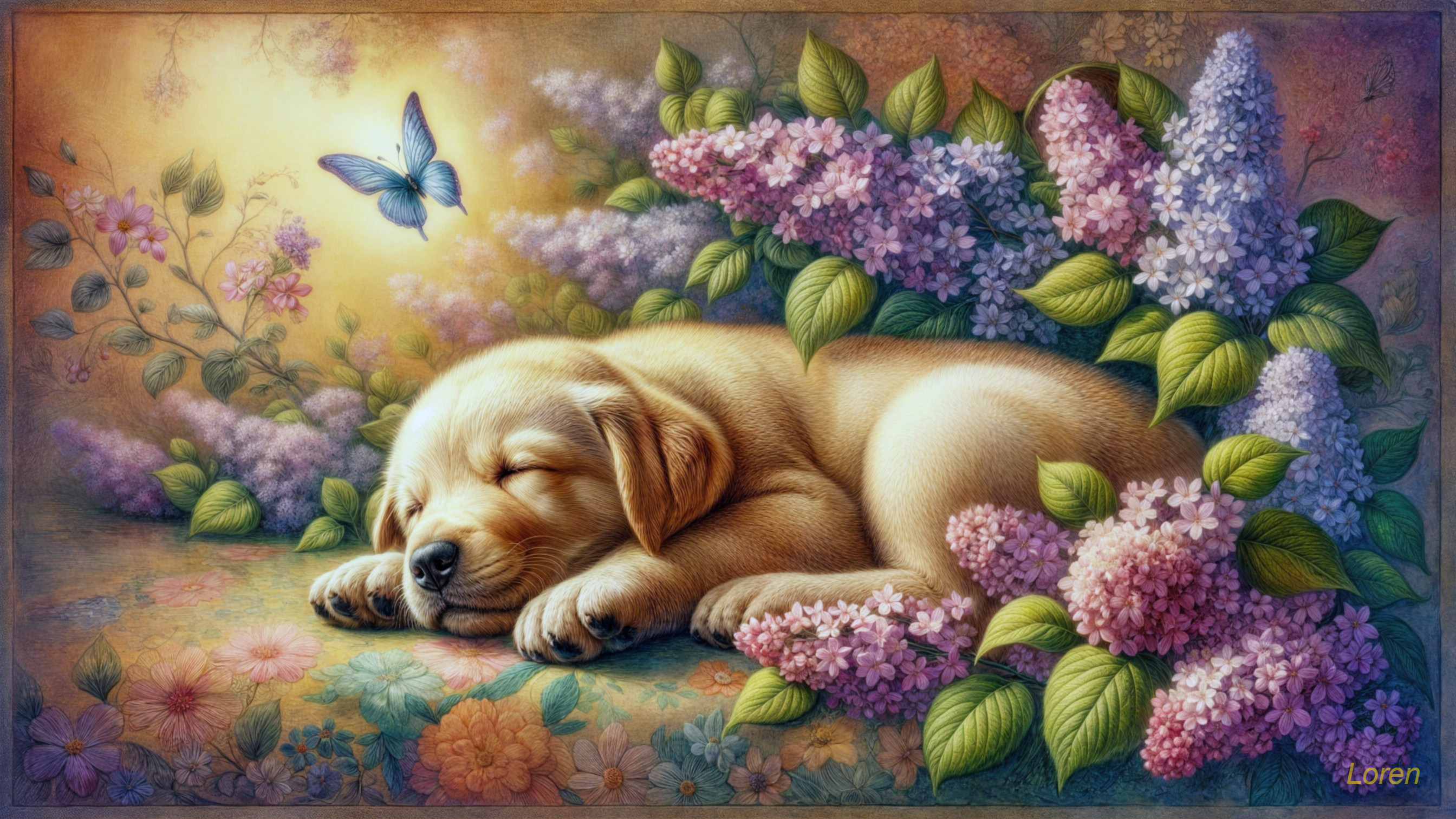 Golden Retriever Puppy Sleeping Among Lilac Flowers