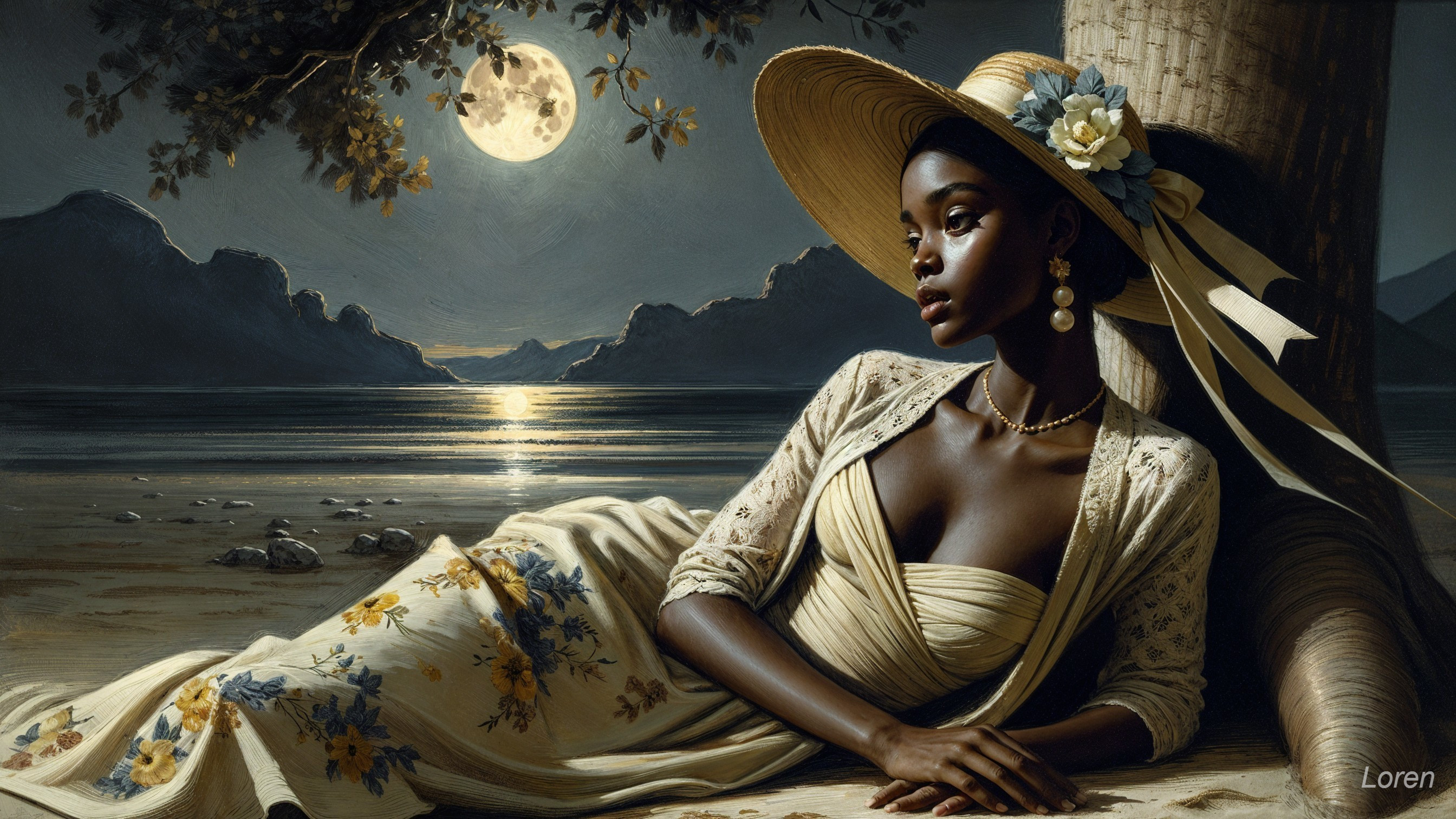 Moonlit Beach Evening with Woman in Floral Dress