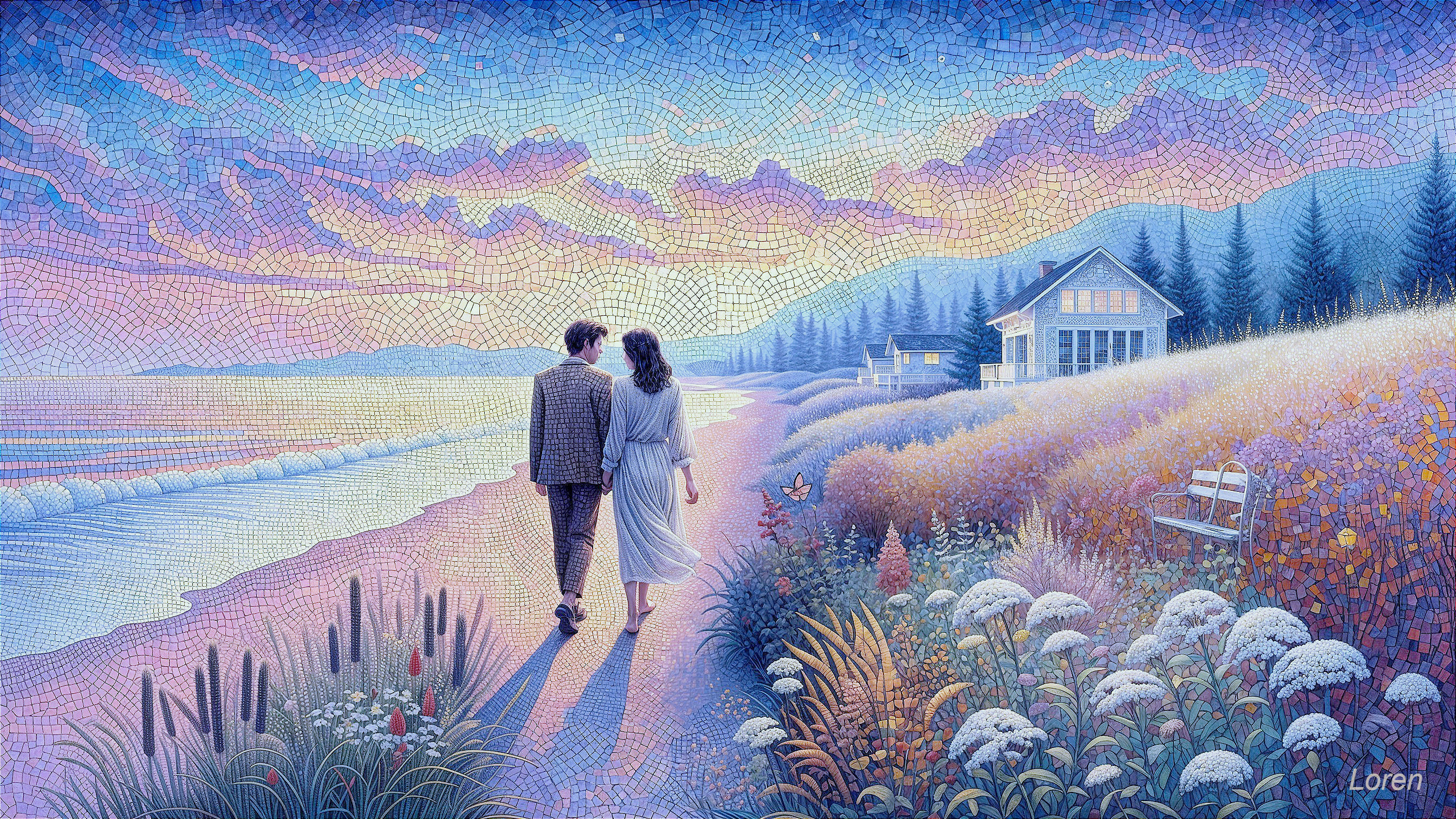 Couple Walking on Beach at Sunset with Floral Scenery