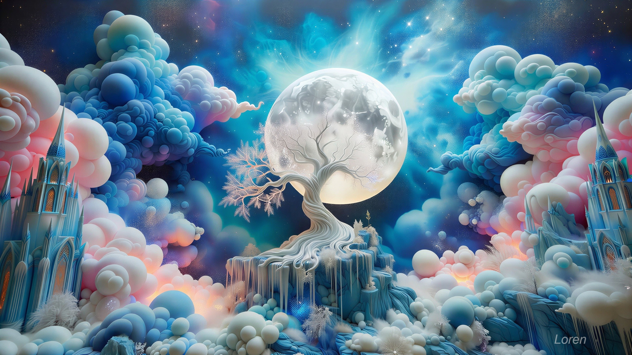 Fantasy Landscape with Moon and Floating Ice Kingdom