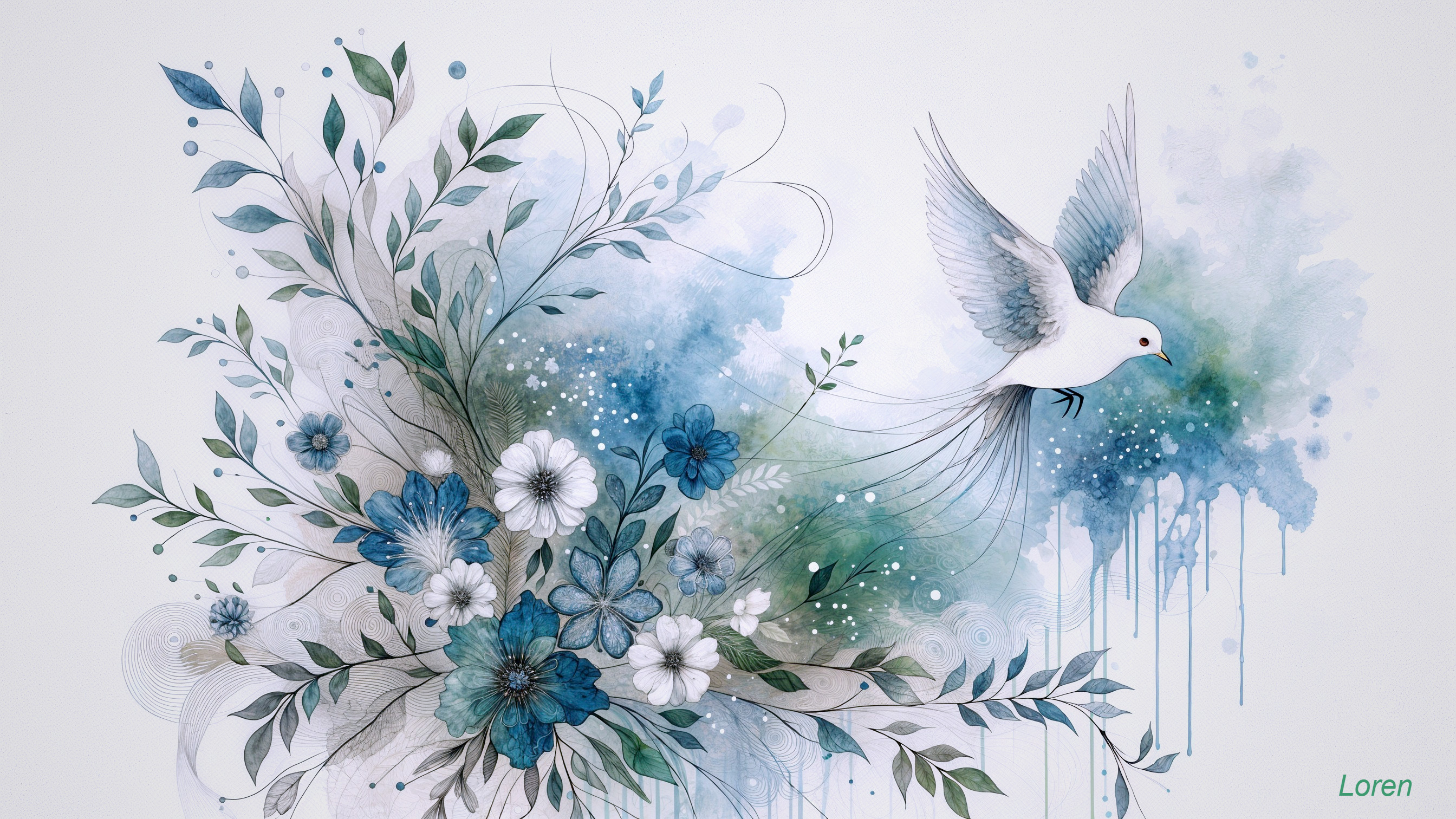 Watercolor Illustration of Bird in Lush Greenery