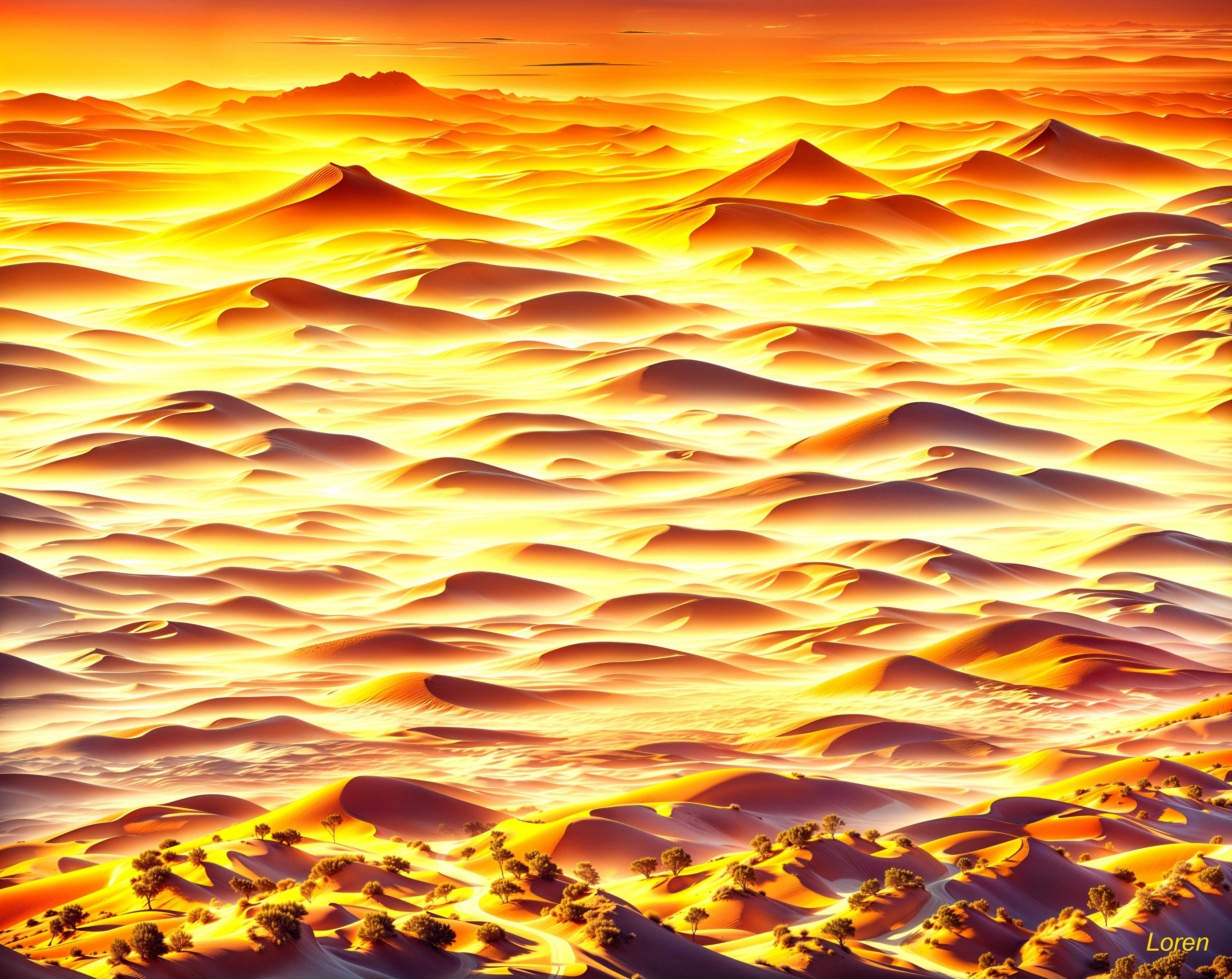 Desert Landscape at Golden Sunset with Sand Dunes