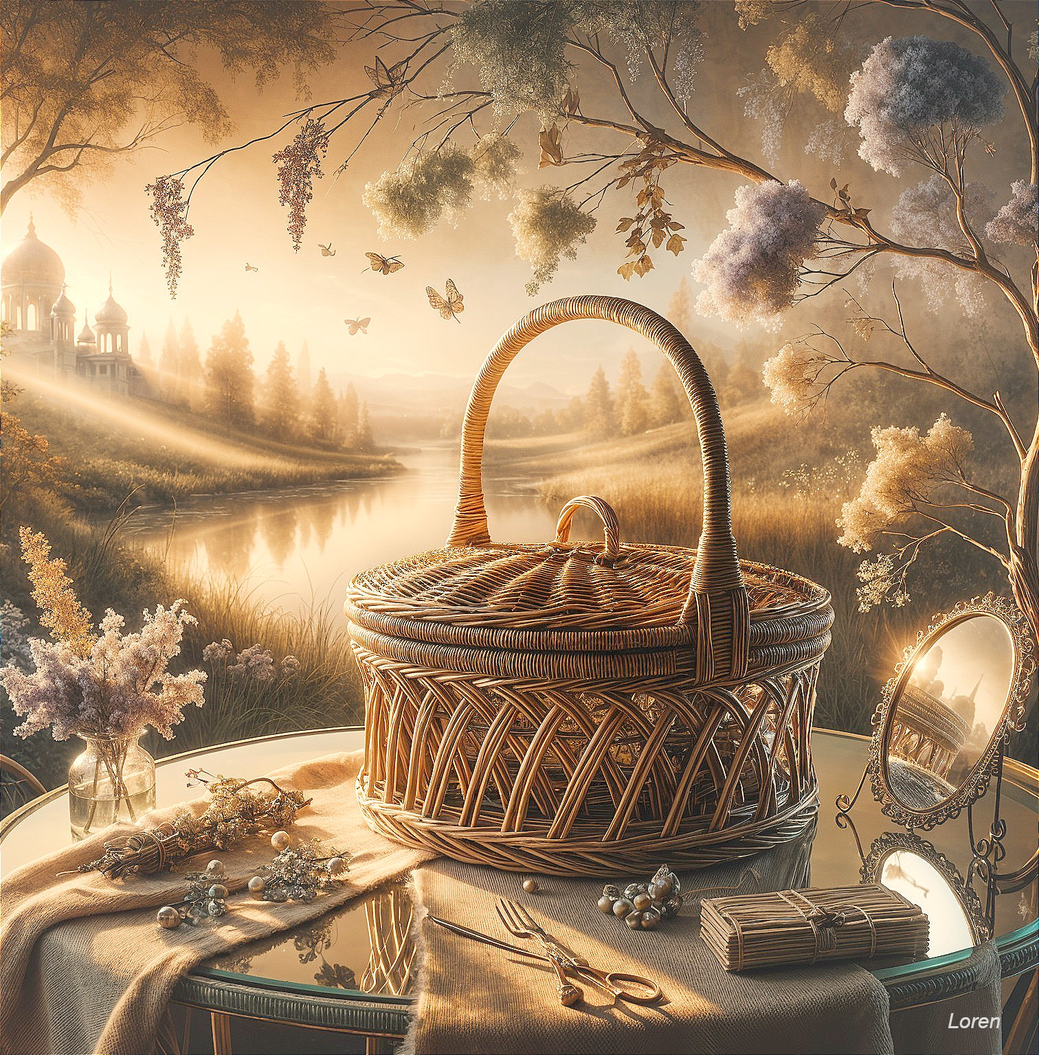 Wicker Basket on Reflective Table in Serene Landscape