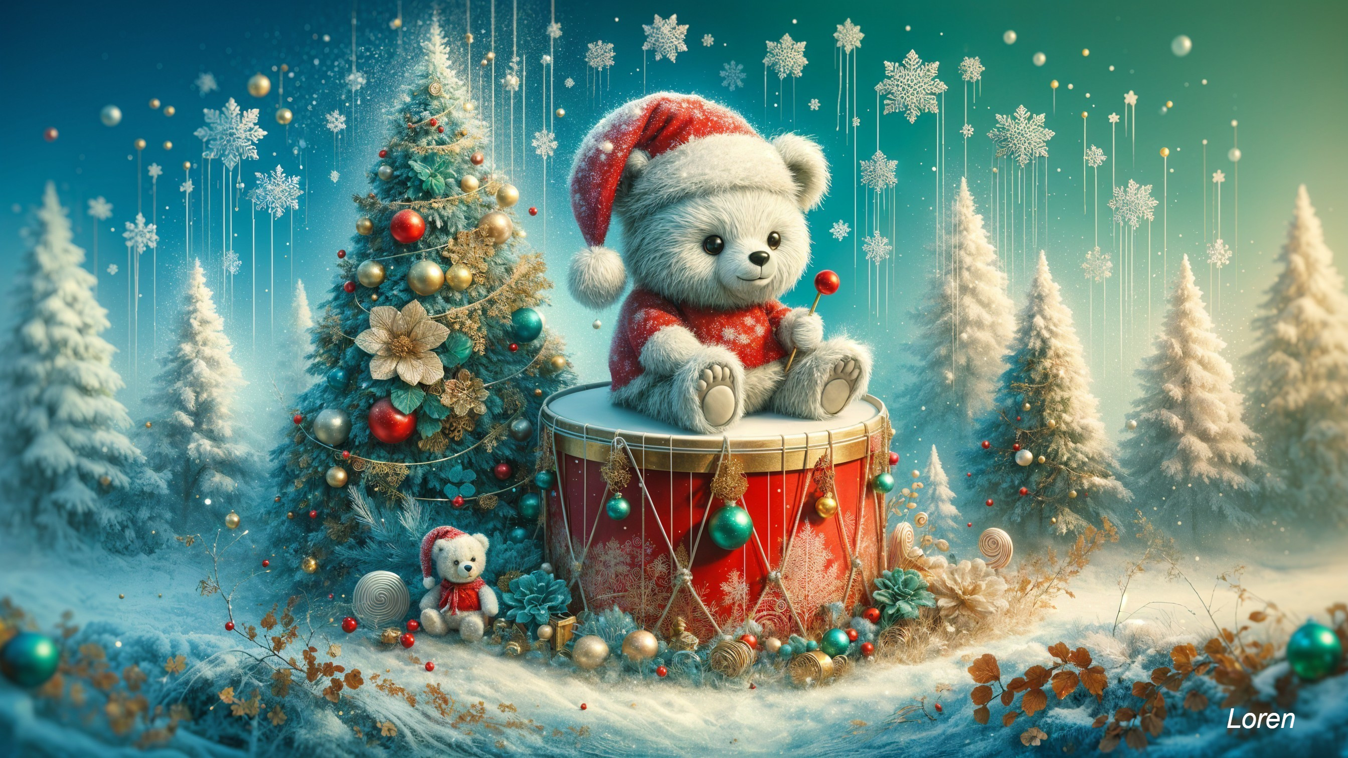 Festive Teddy Bear Scene with Christmas Decorations