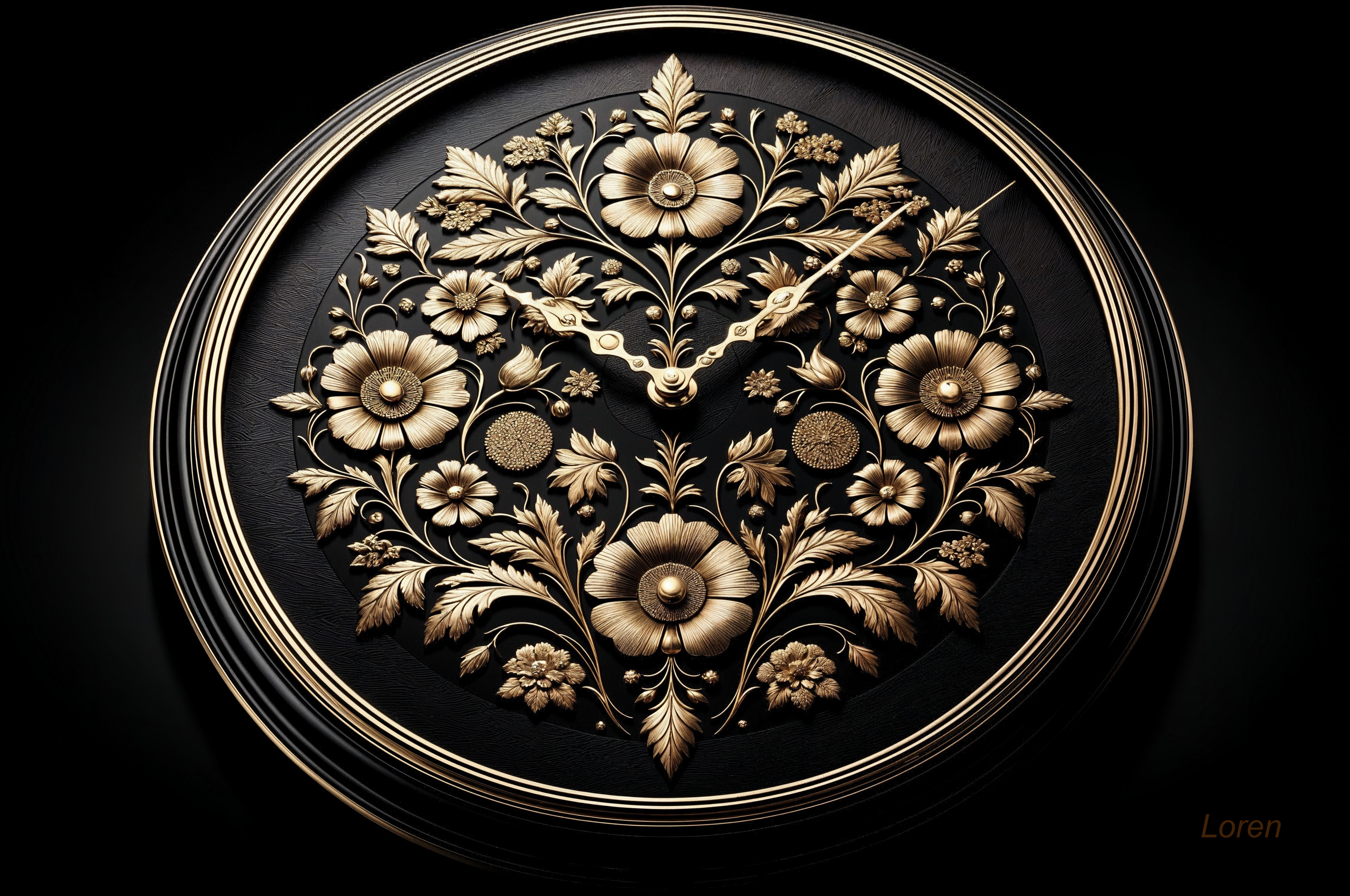 Intricately Designed Floral Wall Clock on Black Background