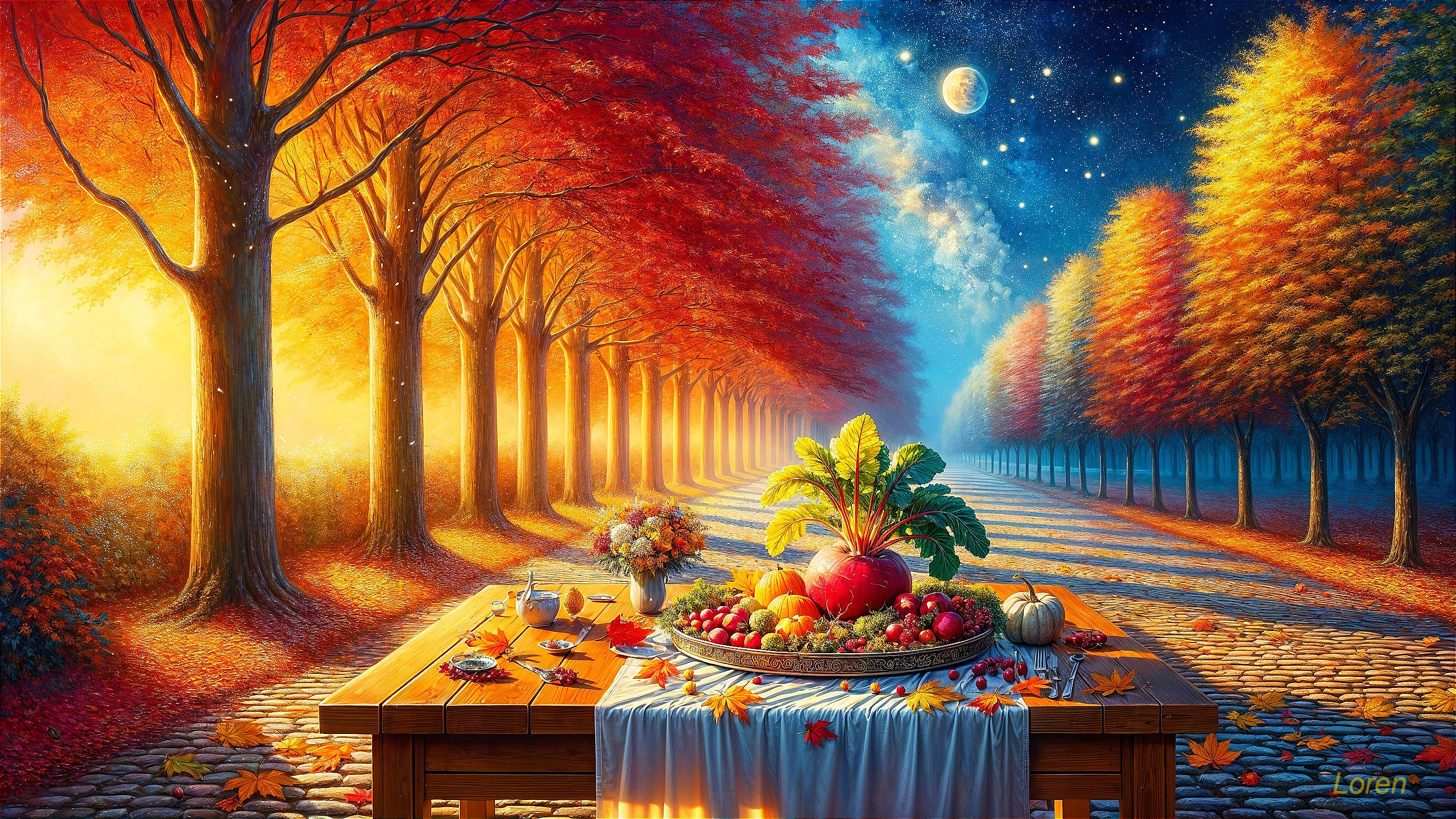 Autumn Feast Table Surrounded by Colorful Foliage