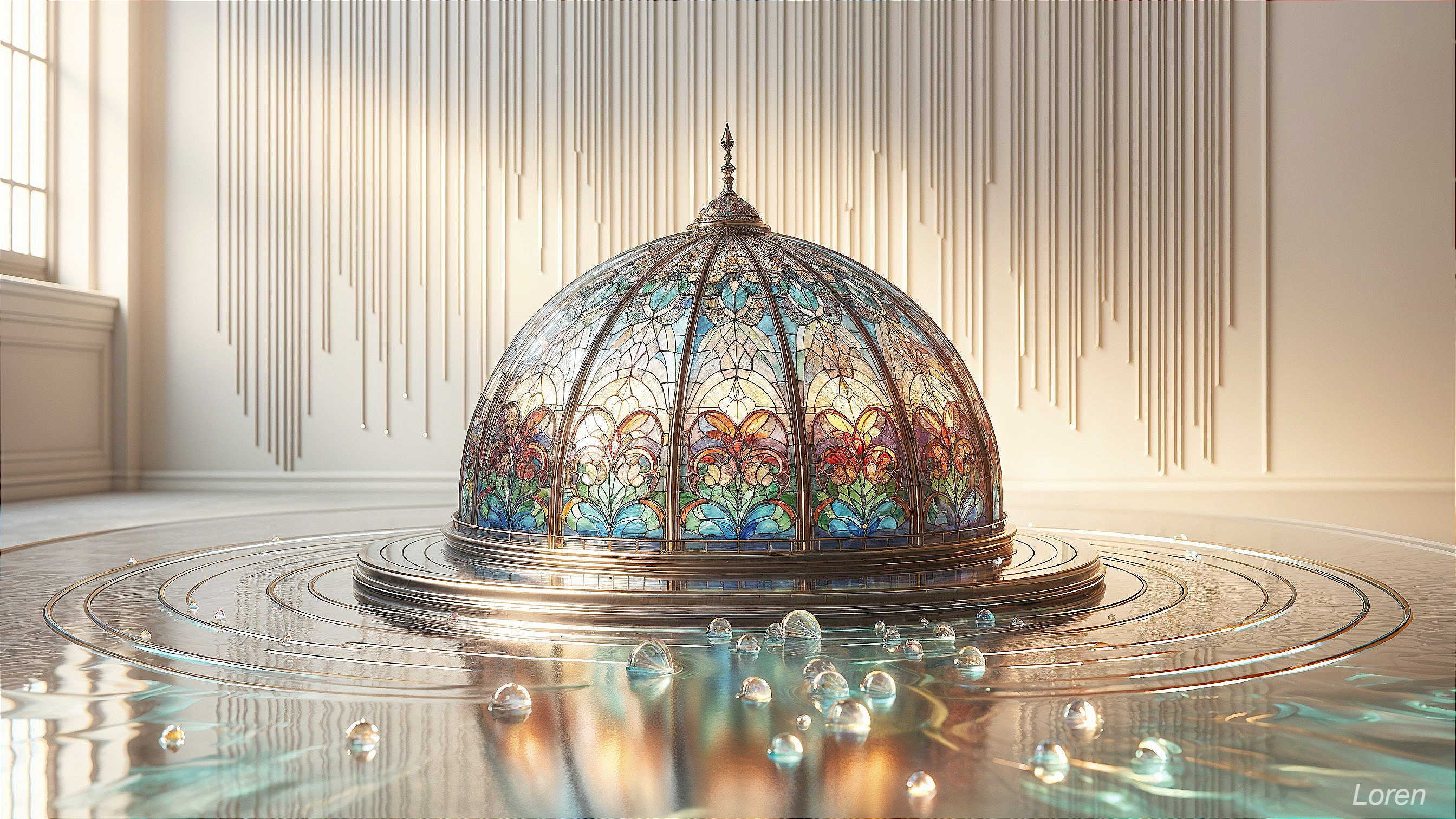 Intricate Stained Glass Dome Above Tranquil Pool