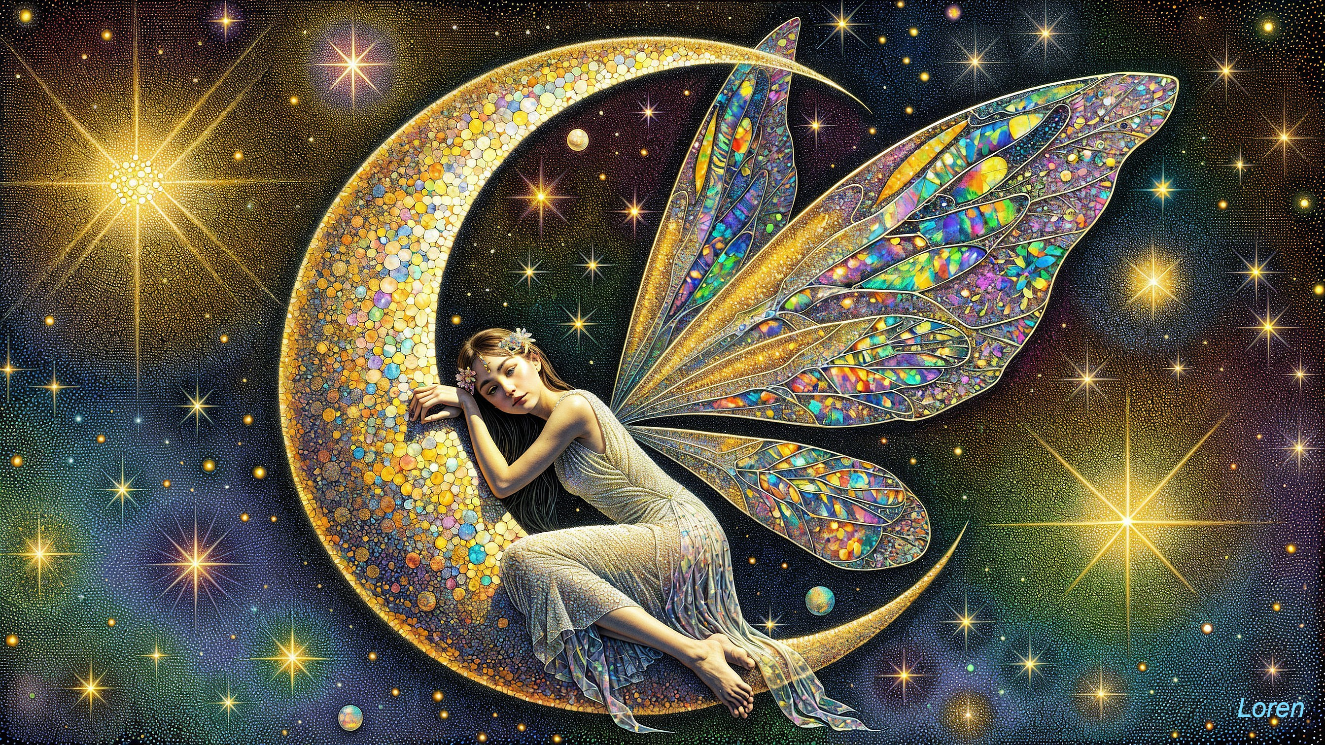 Celestial Fairy on Luminous Crescent Moon Scene