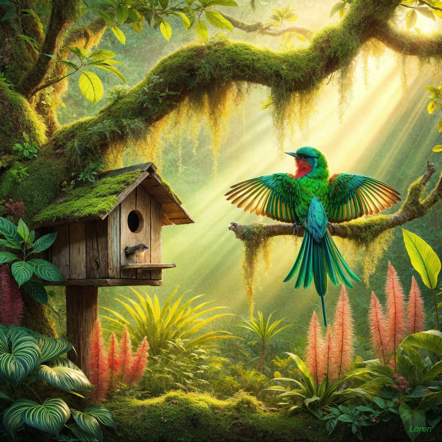 Colorful Bird in Lush Forest with Birdhouse