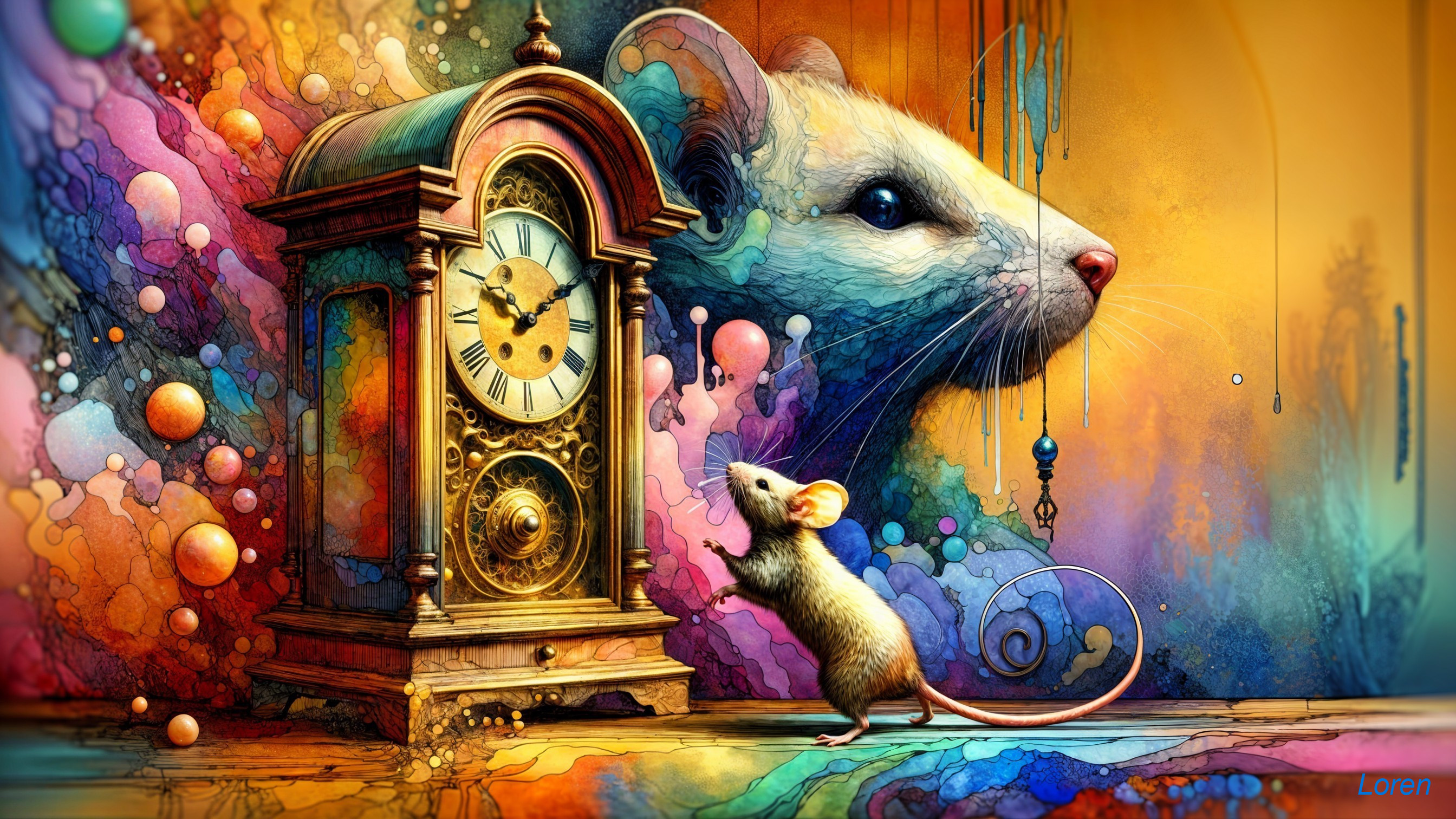Surreal Scene of Colorful Mice and Vintage Clock