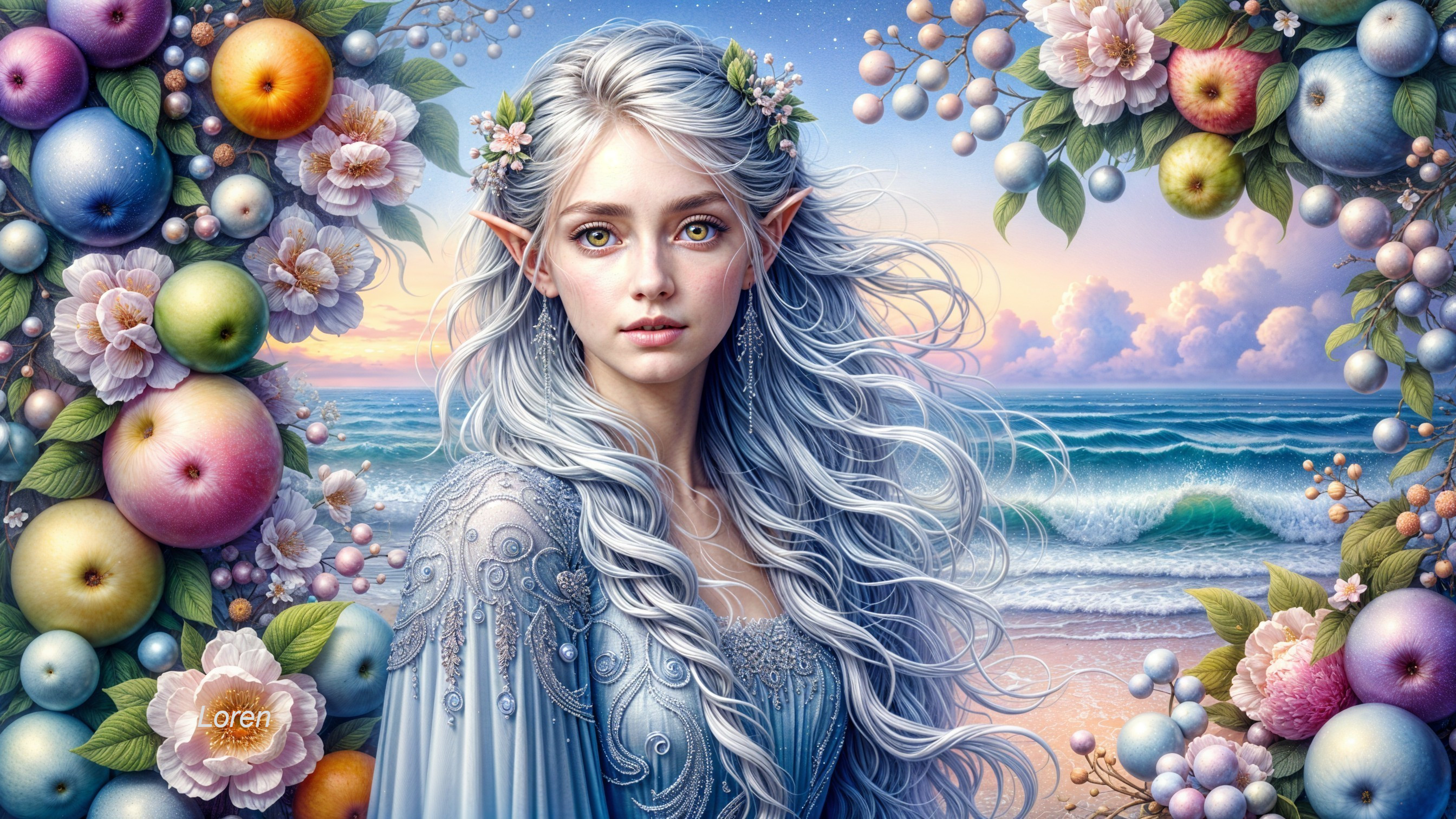 Ethereal Figure with Silver Hair in Tranquil Seaside Scene