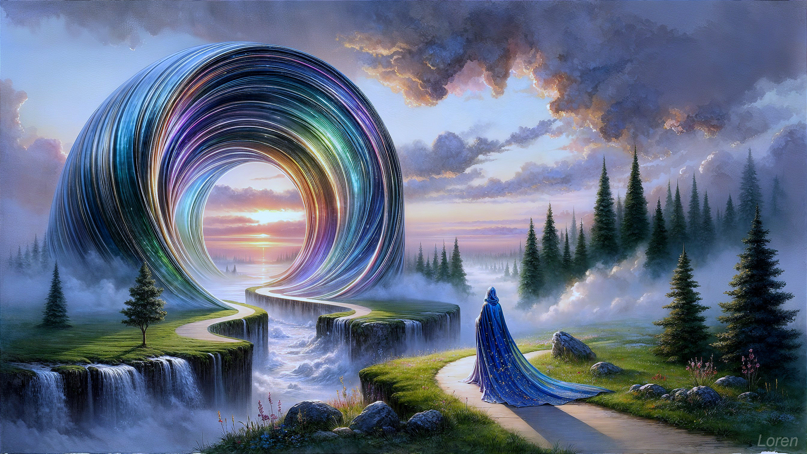 Serene landscape with winding path and iridescent portal