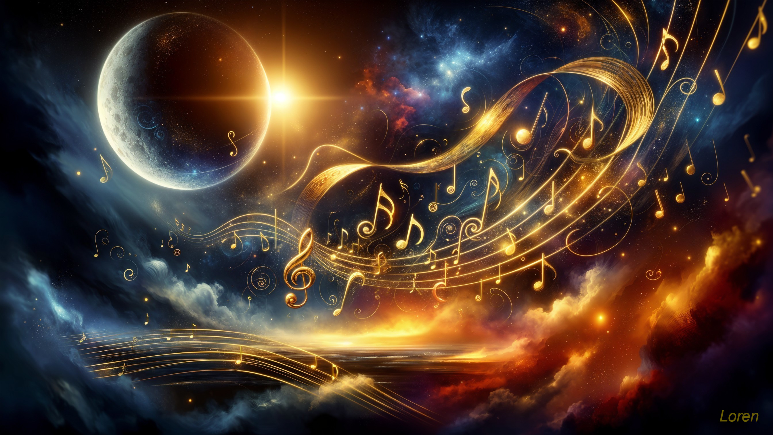 Celestial Scene with Moon, Cosmic Clouds, and Stars