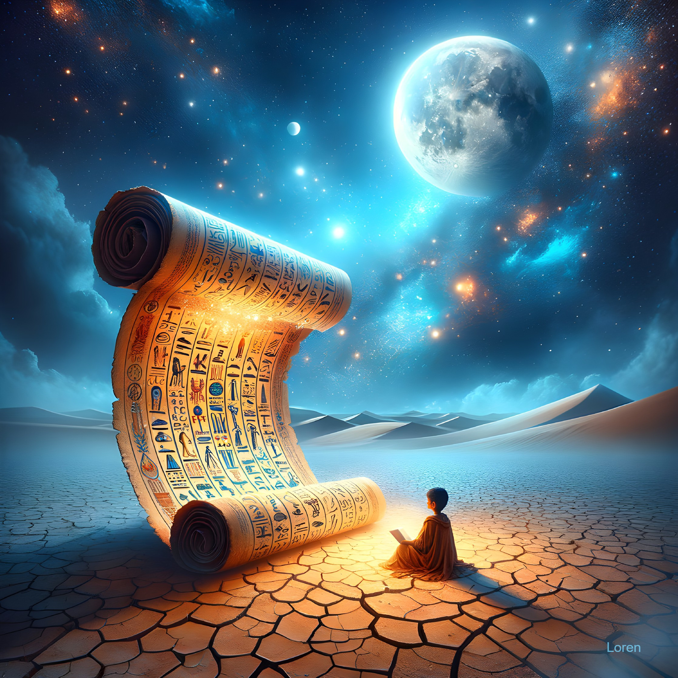 Portal of Dreams: Papyrus Scroll in Desert Night