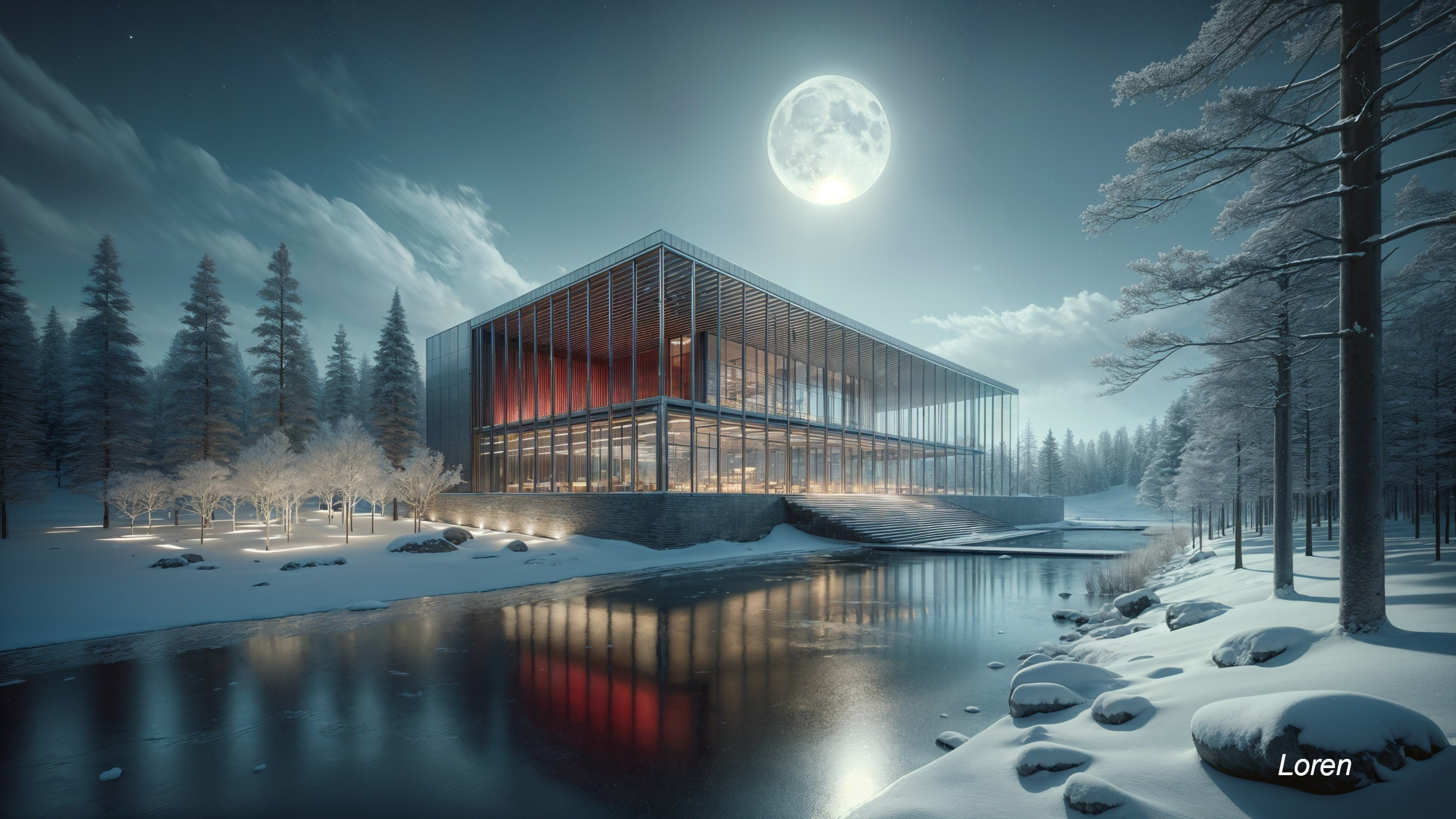 Modern Building in Serene Winter Landscape at Night