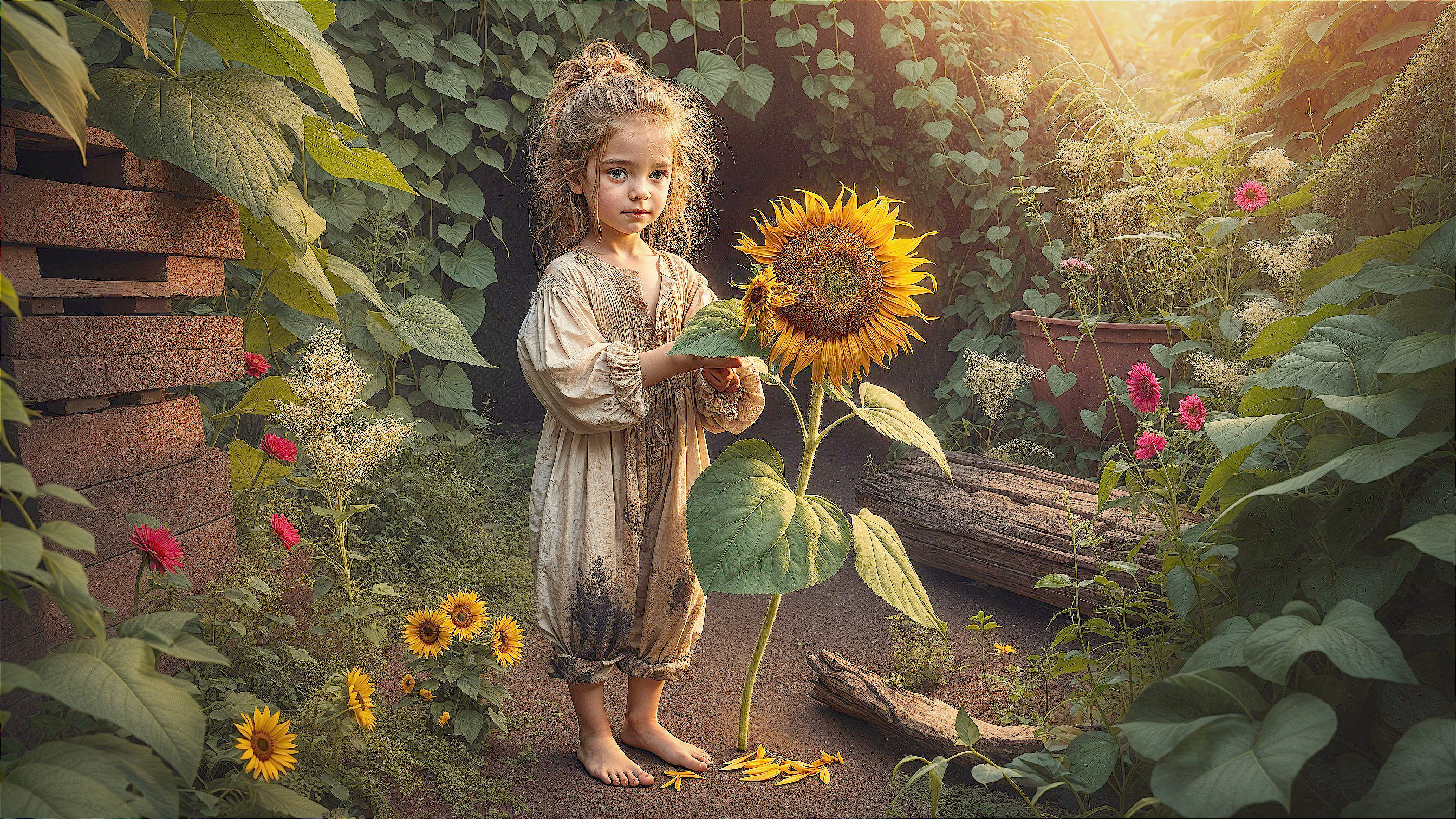 Young girl in a garden with sunflower and flowers