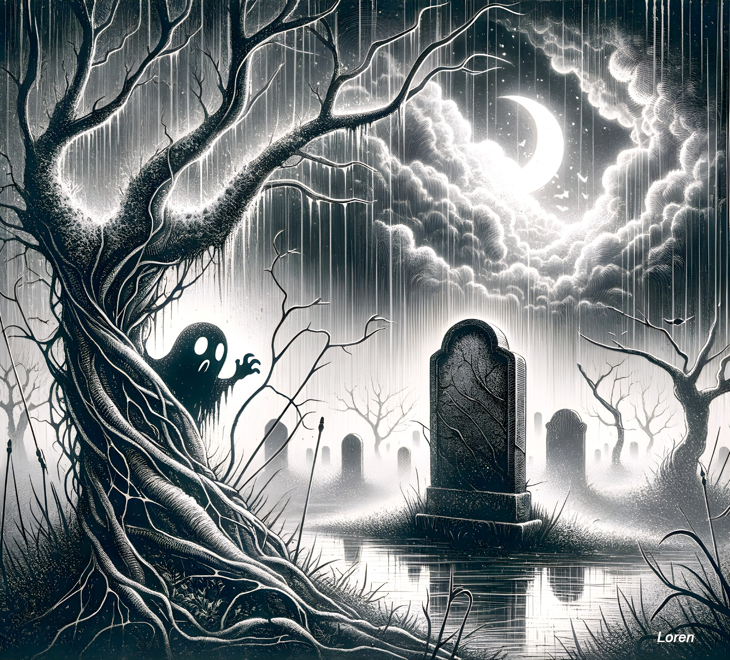 Ghostly Figure Among Twisted Roots in Graveyard Scene