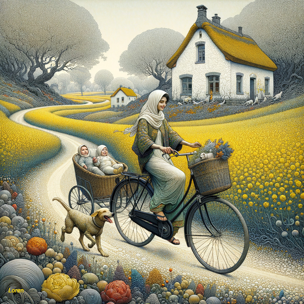 Countryside Scene of Woman Cycling with Children and Dog
