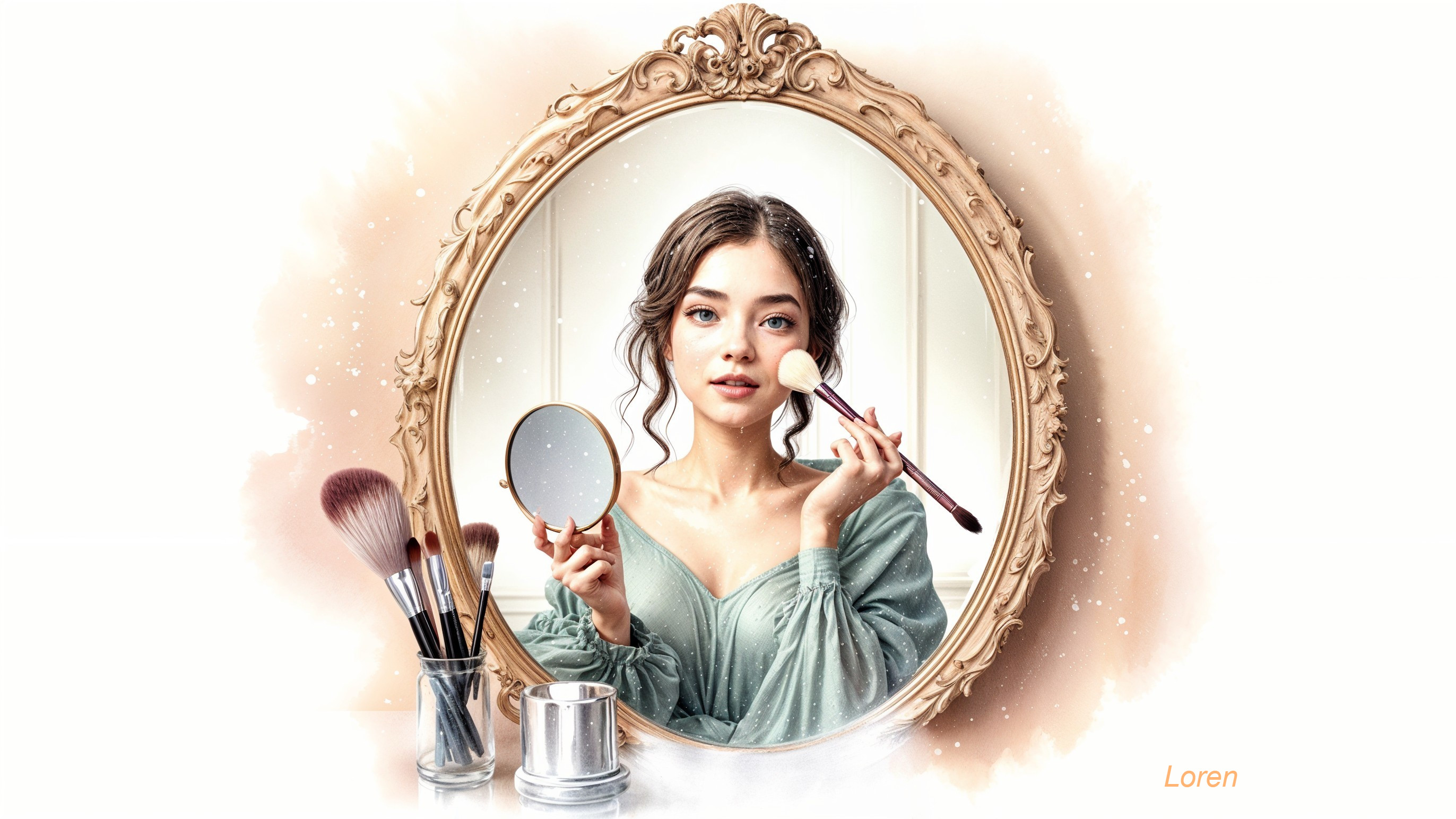 Young woman applying makeup in front of ornate mirror