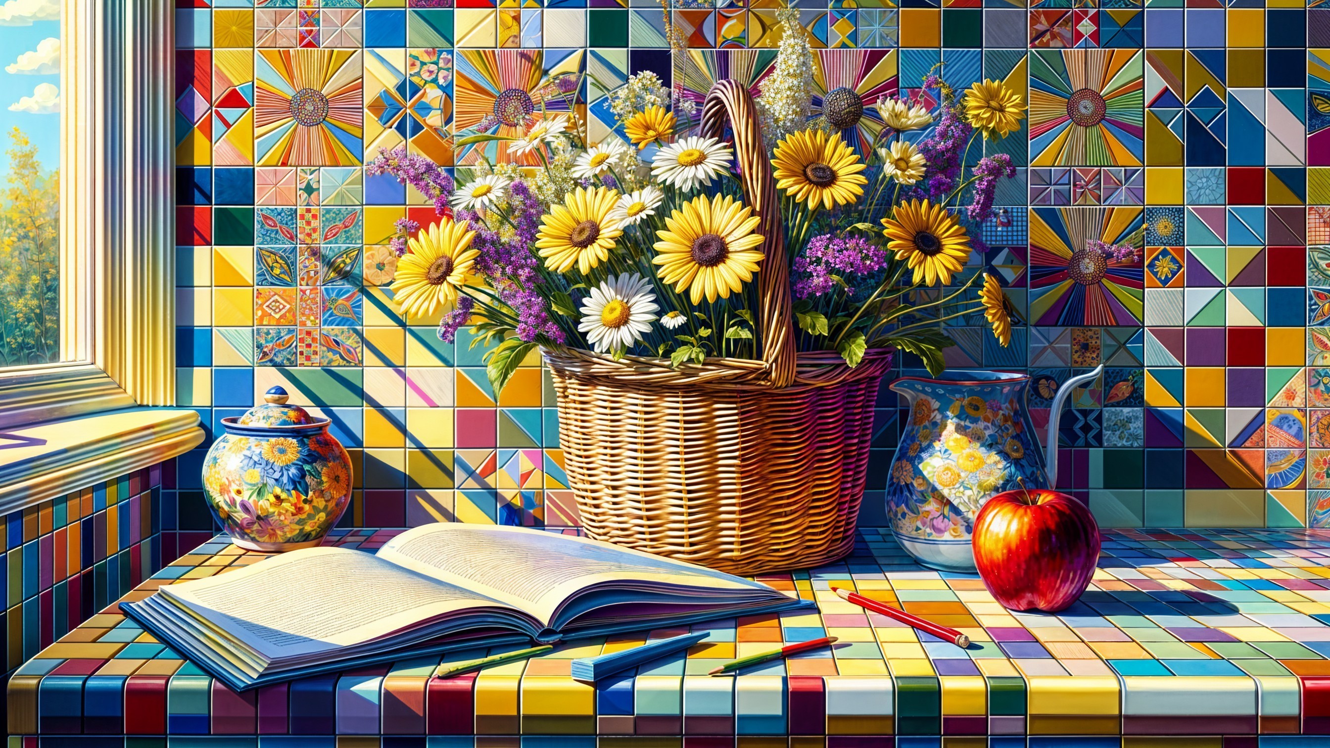 Vibrant Scene with Daisies and Wildflowers in Sunlight