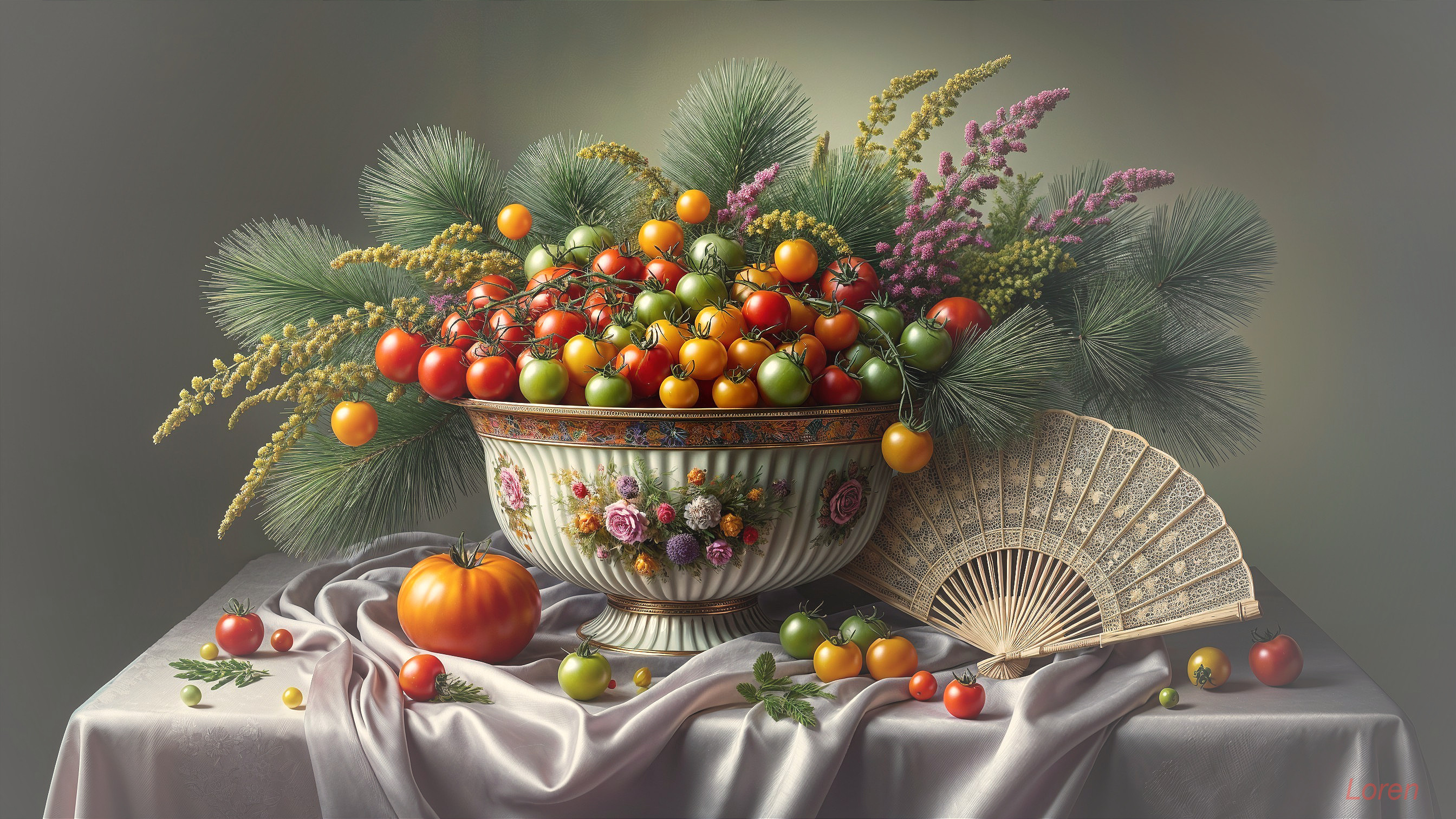 Vibrant Still Life with Colorful Tomatoes and Flowers