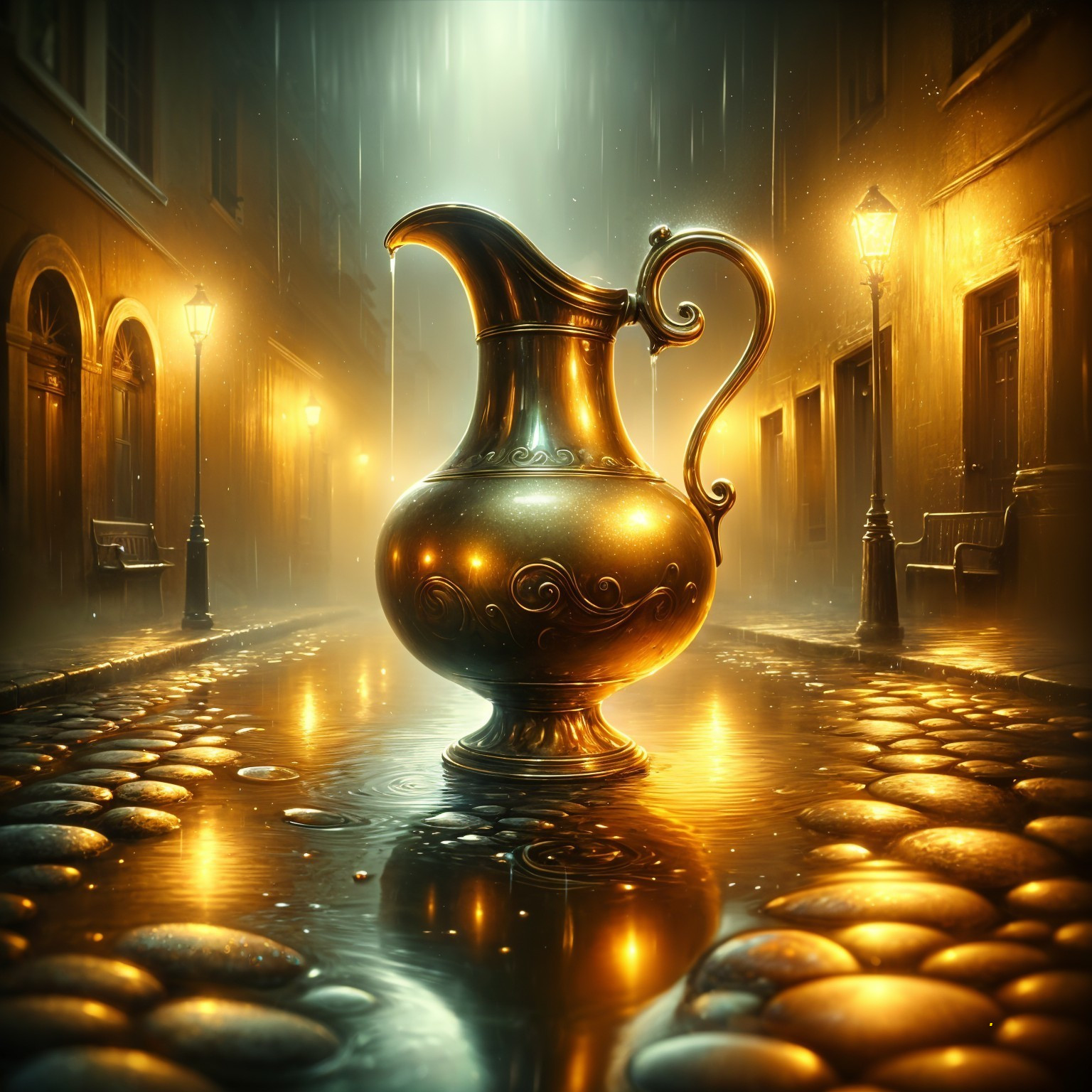 Golden pitcher on a rain-soaked cobblestone street