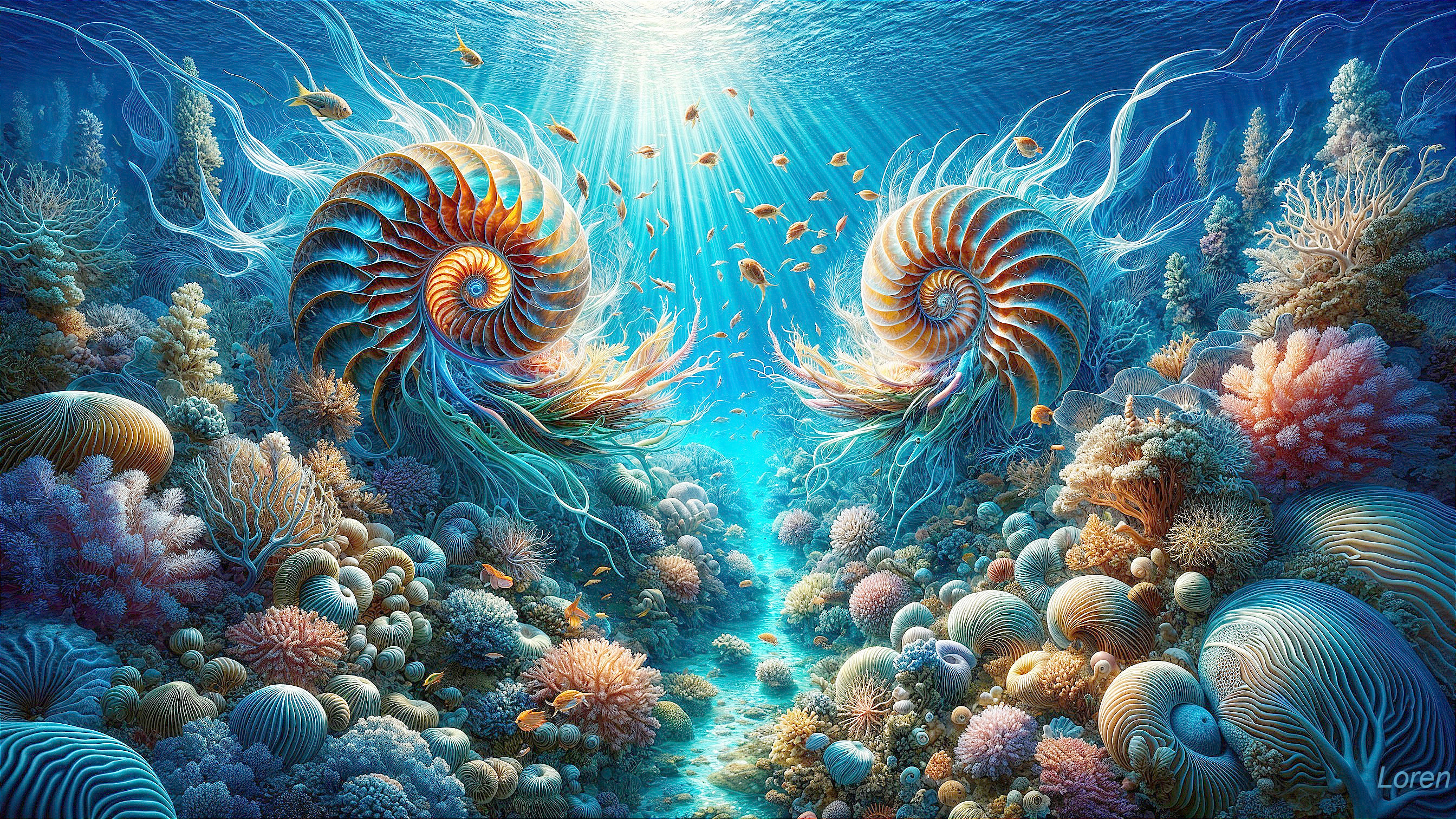 Vibrant Underwater Scene with Nautilus Shells and Corals