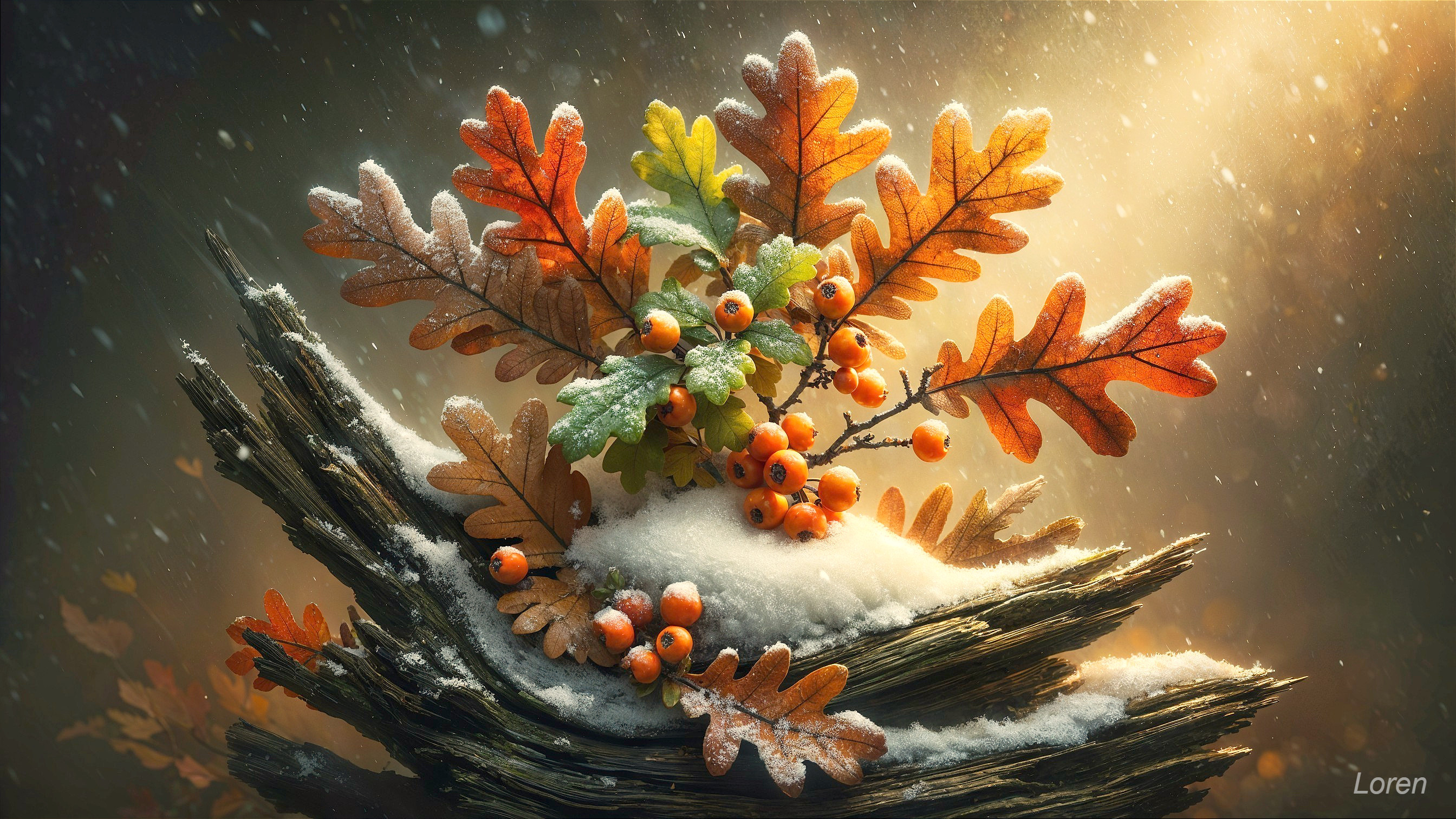 Close-up of Autumn Leaves and Berries on Log