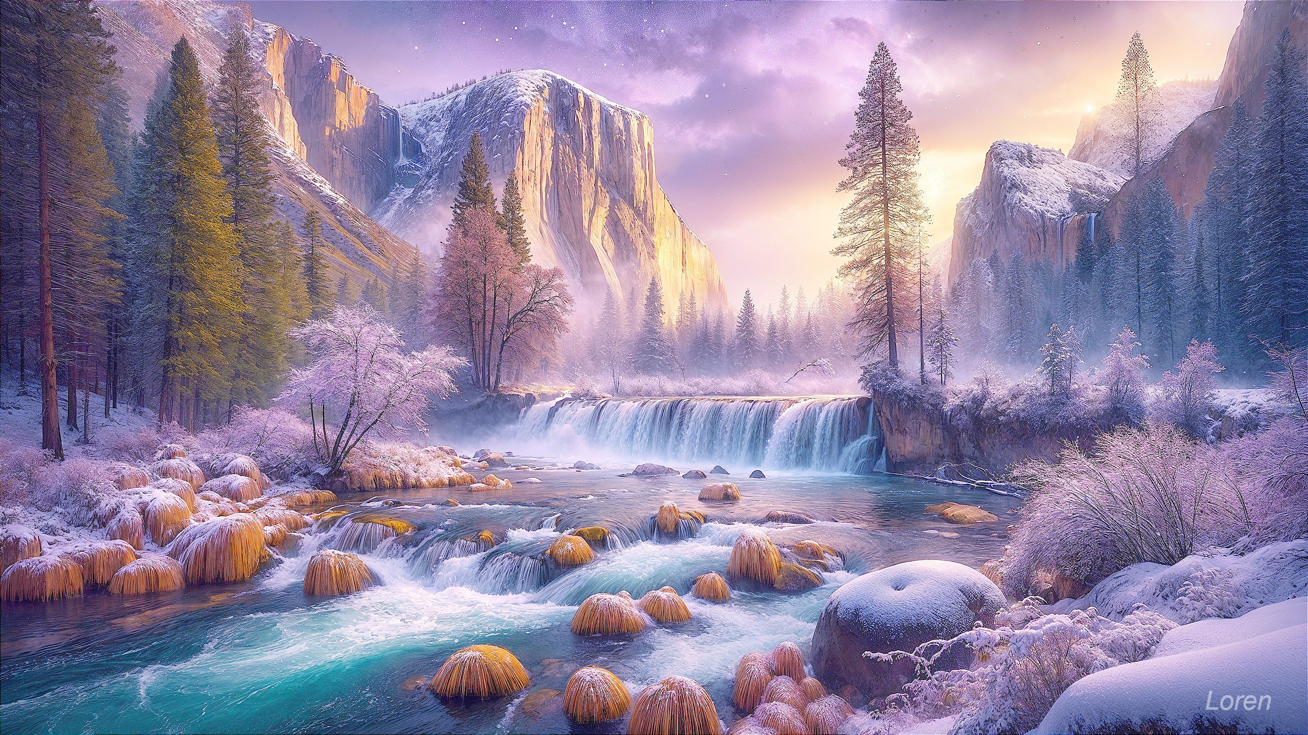 Serene Winter Landscape with River and Frosted Pines