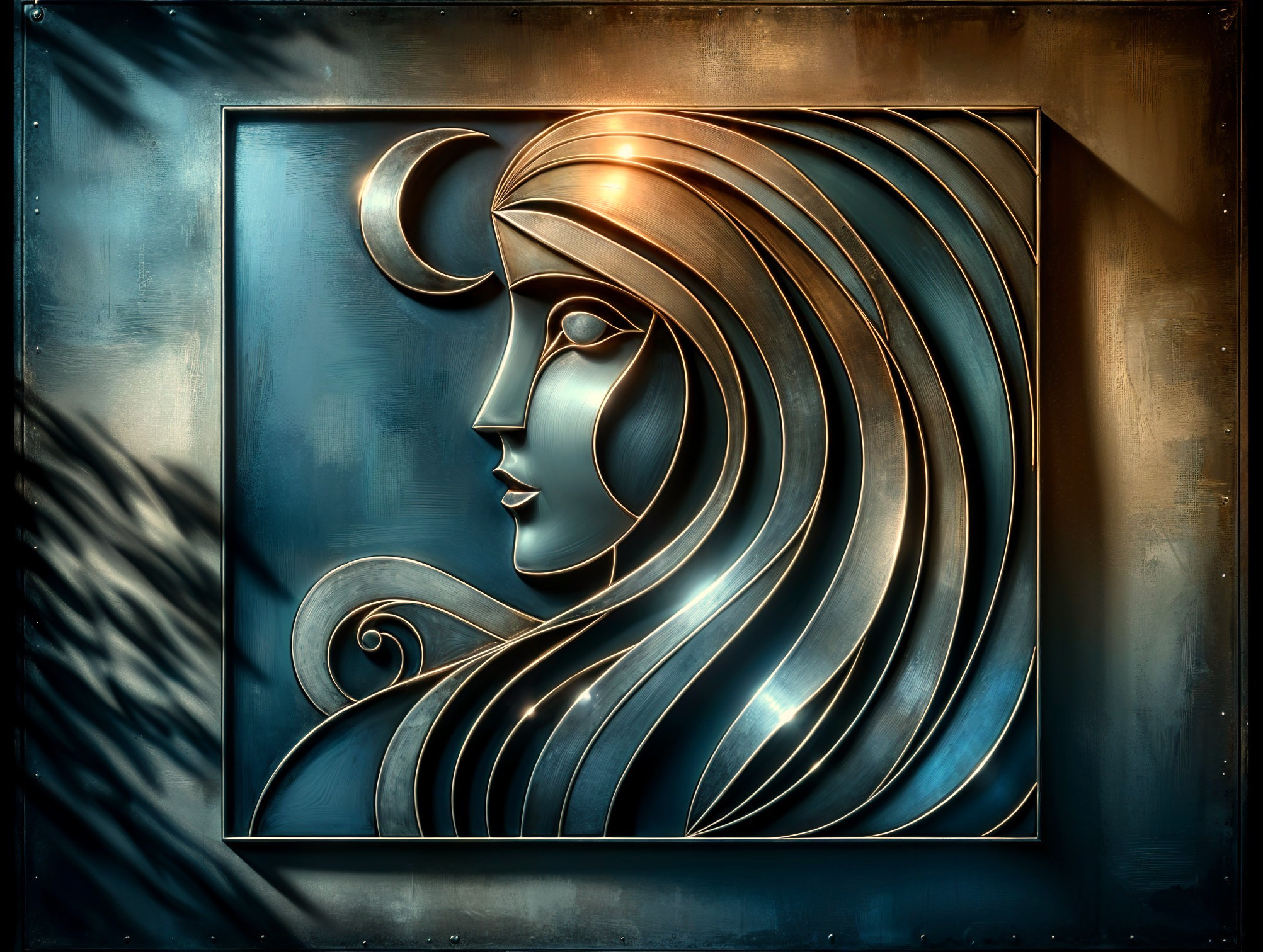 Metallic Relief Sculpture of Woman's Profile with Moon